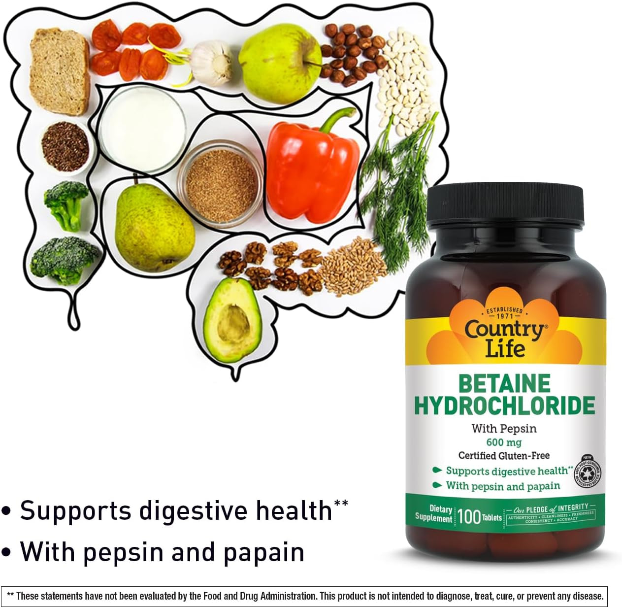 Betaine Hydrochloride with Pepsin, 600Mg, 100 Tablets, Certified Gluten Free | Supports Digestive Health with Pepsin Enzyme Blend; Free from Wheat, Soy, Yeast and Preservatives