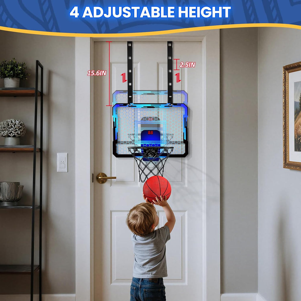 Mini Basketball Hoop with Scoreboard & 7 LED Lighting | over the Door Indoor, with 3 Balls/Inflator/Breakaway Rim, Basketball Toy Gifts for Kids Adults, Suit for Bedroom/Office