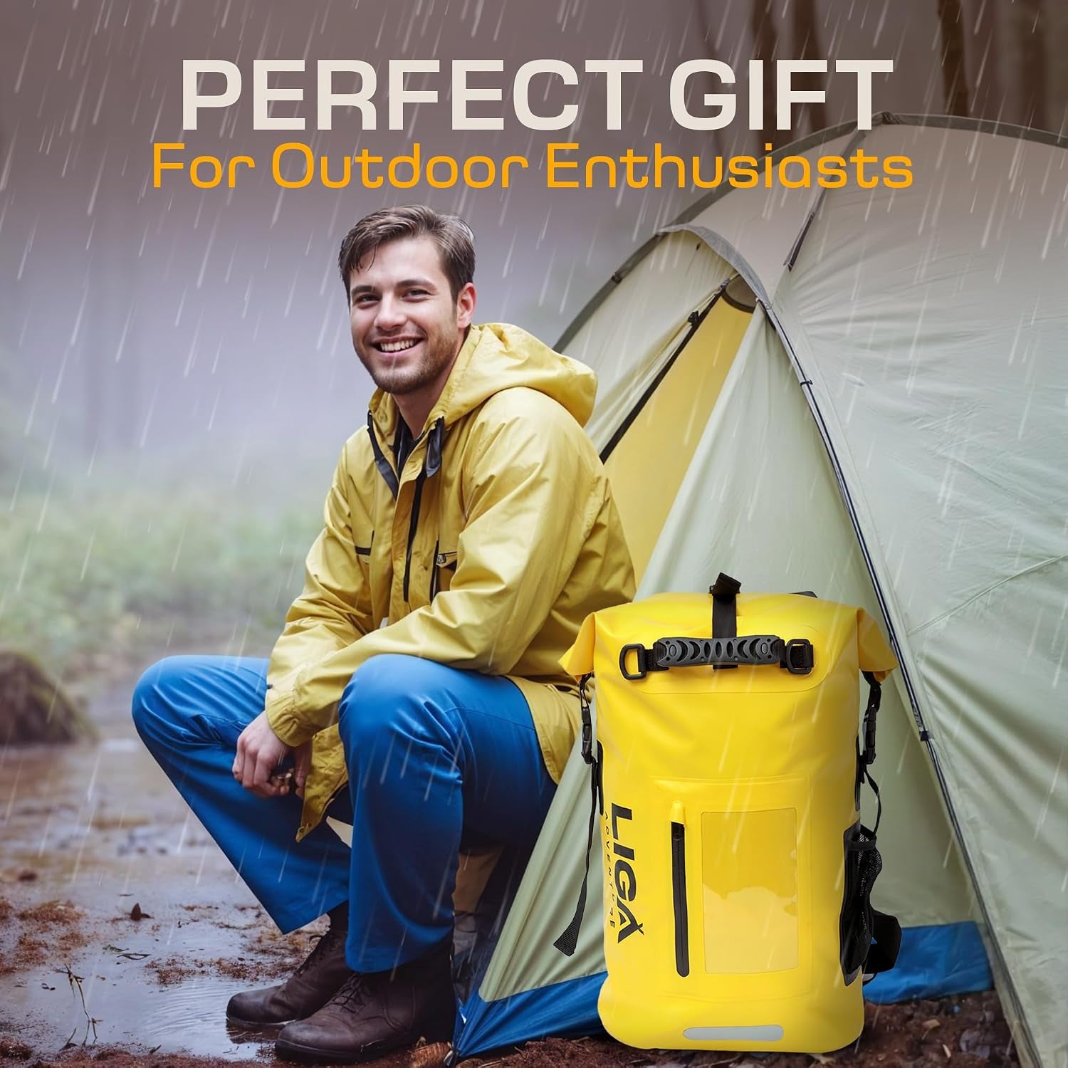 LIGA Waterproof Duffel Bag – 30L – Heavy Duty Roll-Top Closure – Fully Waterproof – Cushioned Comfort – Dry Bag for Hiking, Kayak, Travel, Biking, Camping, Fishing (Yellow)