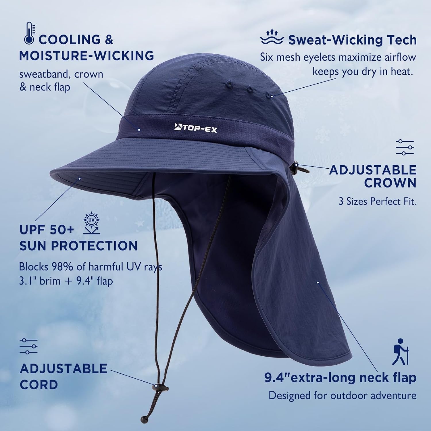 UPF 50+ Cooling Wide Brim Sun Hat for Men with Neck Flap, Packable | Uvcoolix™ Cooling Needs No Water; 3.1 in Rollable Shape-Holding Brim, 9.4 in Neck Coverage, Six Mesh Eyelets, Secure Fit