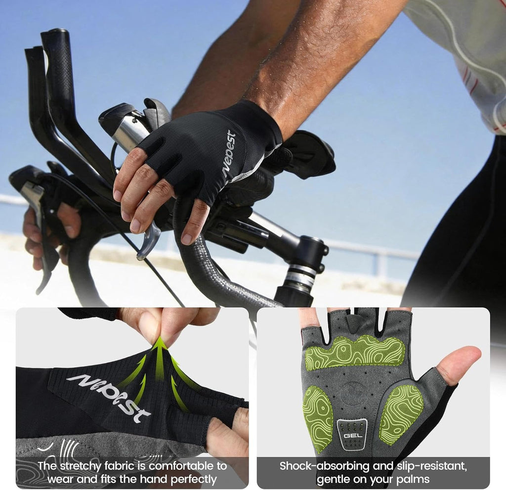 Road Cycling Gloves for Men Women Padded Absorbing Fingerless Biking | Bicycle Glove, Lightweight, Anti-Slip Silicone Pattern, Shock-Absorbing, Pull Tabs Design, Easy to Take Off, Moisture Wicking