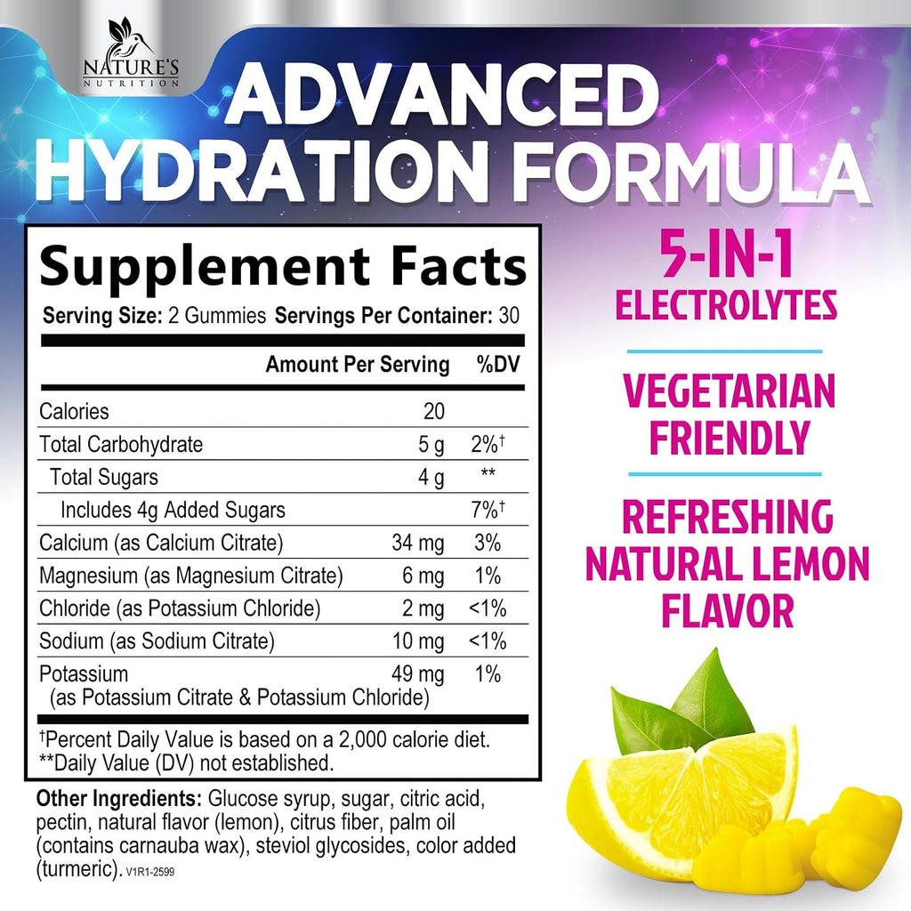 Hydration Electrolyte Gummies - Daily Liquid Replenisher Gummy - Electrolyte Multiplier with Minerals, Potassium & Real Salt - Vegan, Non-Gmo - Tasty Lemon Flavor Hydration Electrolytes - 60 Gummies