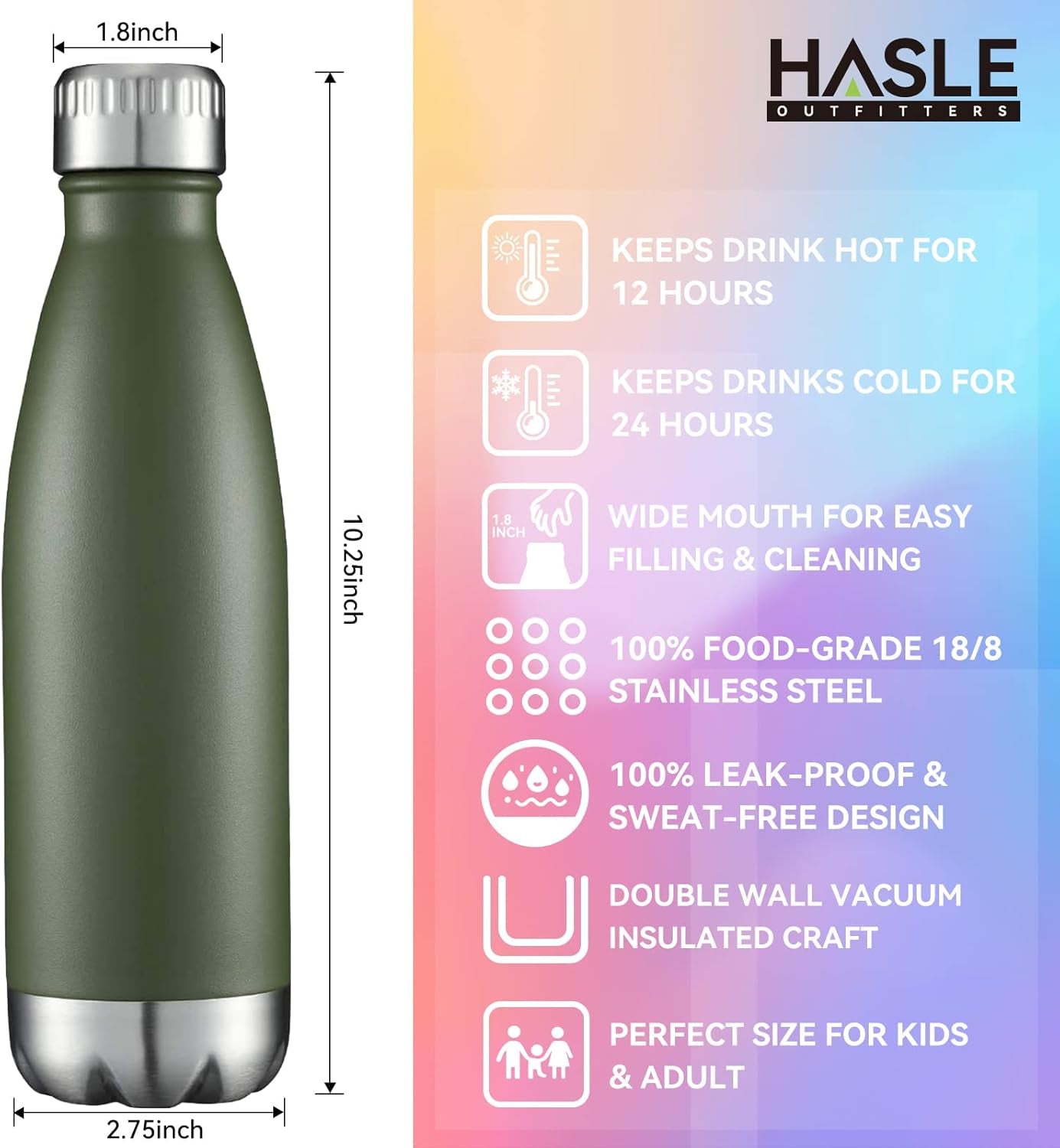 17Oz Stainless Steel Water Bottles, Vacuum Insulated Double Walled Powder Coated Reusable Metal Sports Water Bottles Keep Drinks Hot and Cold, Armygreen, 1Pack