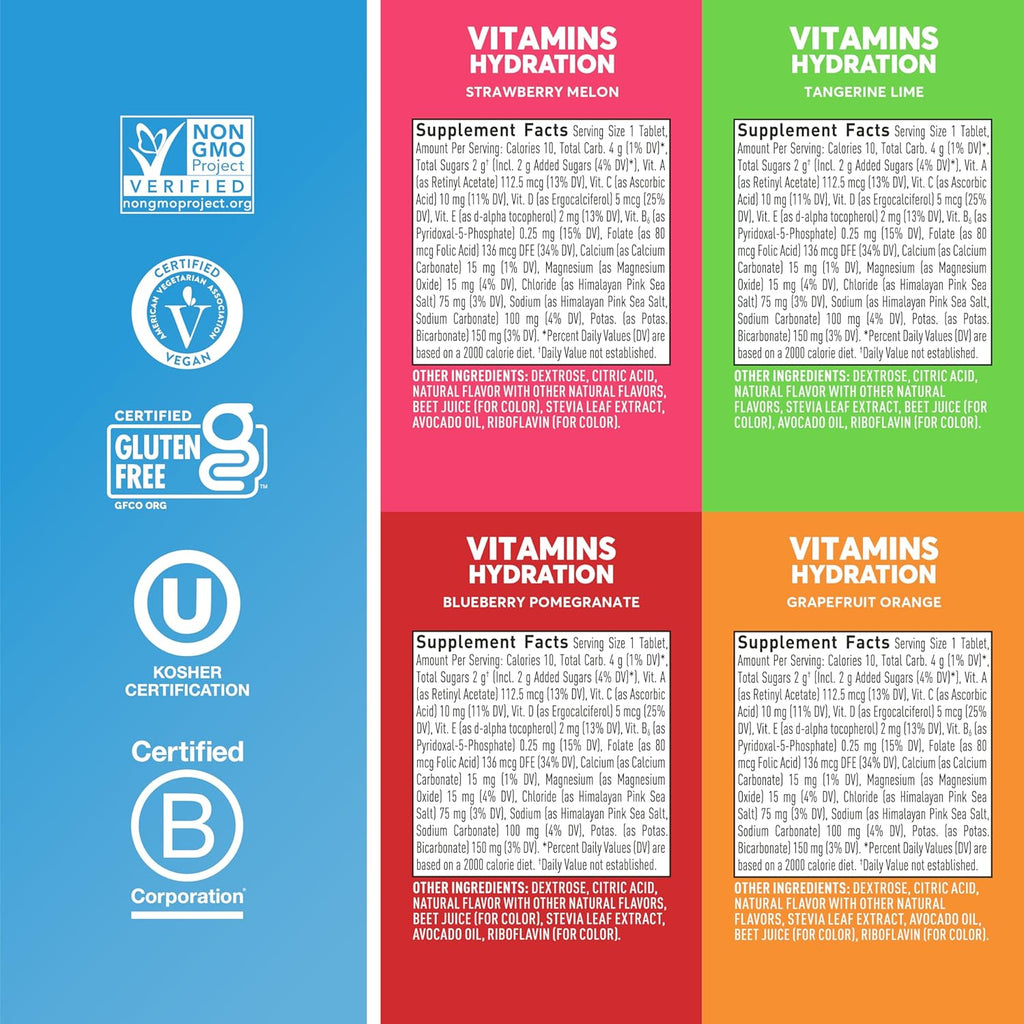 Vitamins Electrolyte Tablets Mixed Fruit, GF & Vegan, 4 Pack | 48 Servings with Vitamin D, C, E, A, & B6, Folic Acid, Magnesium & 4 Other Essential Electrolytes, Gluten Free & Vegan
