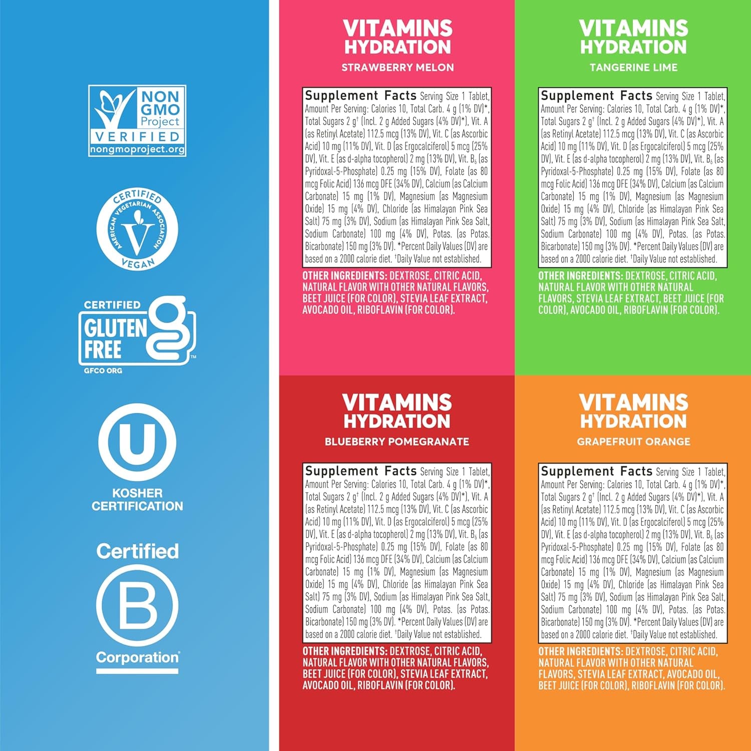 Vitamins Electrolyte Tablets Mixed Fruit, GF & Vegan, 4 Pack | 48 Servings with Vitamin D, C, E, A, & B6, Folic Acid, Magnesium & 4 Other Essential Electrolytes, Gluten Free & Vegan