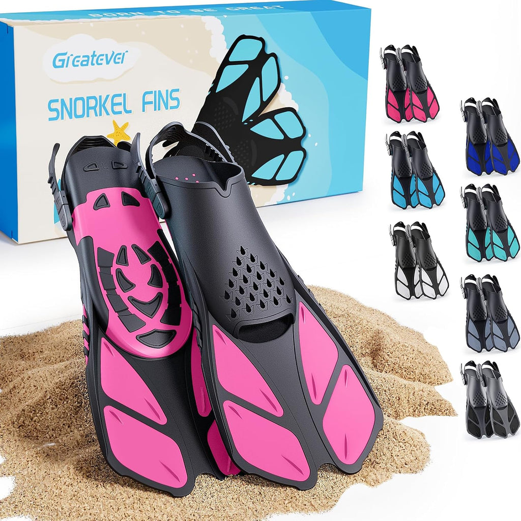 Snorkel Fins, Travel Size Short Flippers for Snorkel Swim Diving | Adjustable Swim Fins Flexible Open Heel Lightweight Scuba Diving Fins for Adult Men Women Kids Ideal for Recreational Use