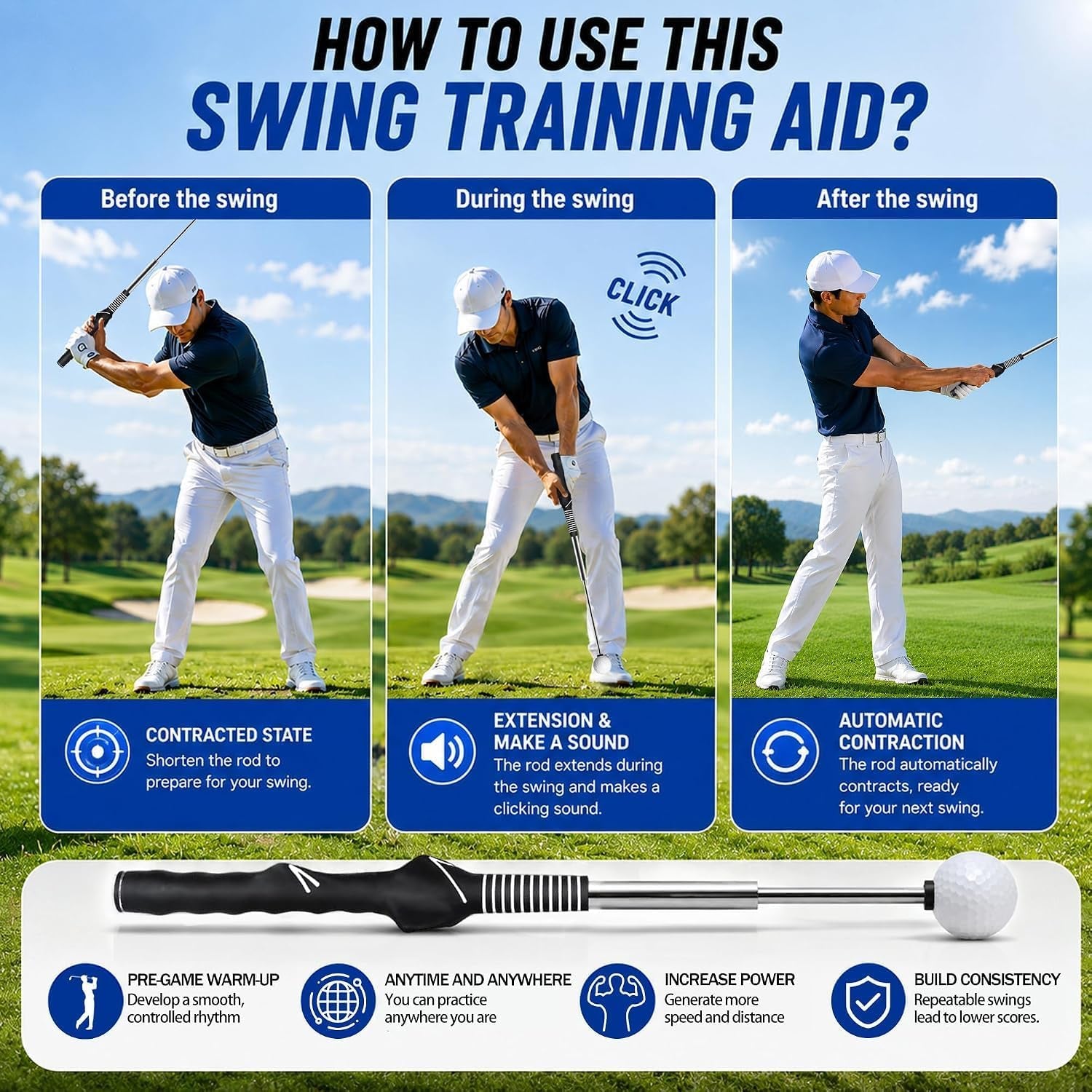 Retractable Golf Swing Trainer, Golf Grip Trainer, Golf Training Aid for Warm-Up, Golf Swing Training Aid, Grip Trainer Golf Club, Strength & Tempo Training for Chipping Hitting