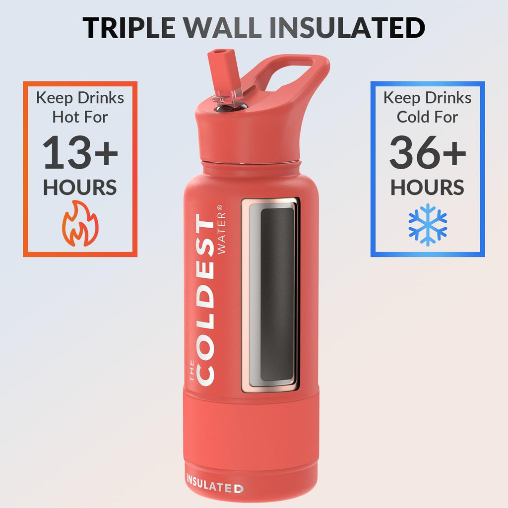 Coldest Insulated Water Bottle with Straw Lid - Stainless Steel Metal Insulated Bottle for Men & Women (Crimson Red, 32 Oz)