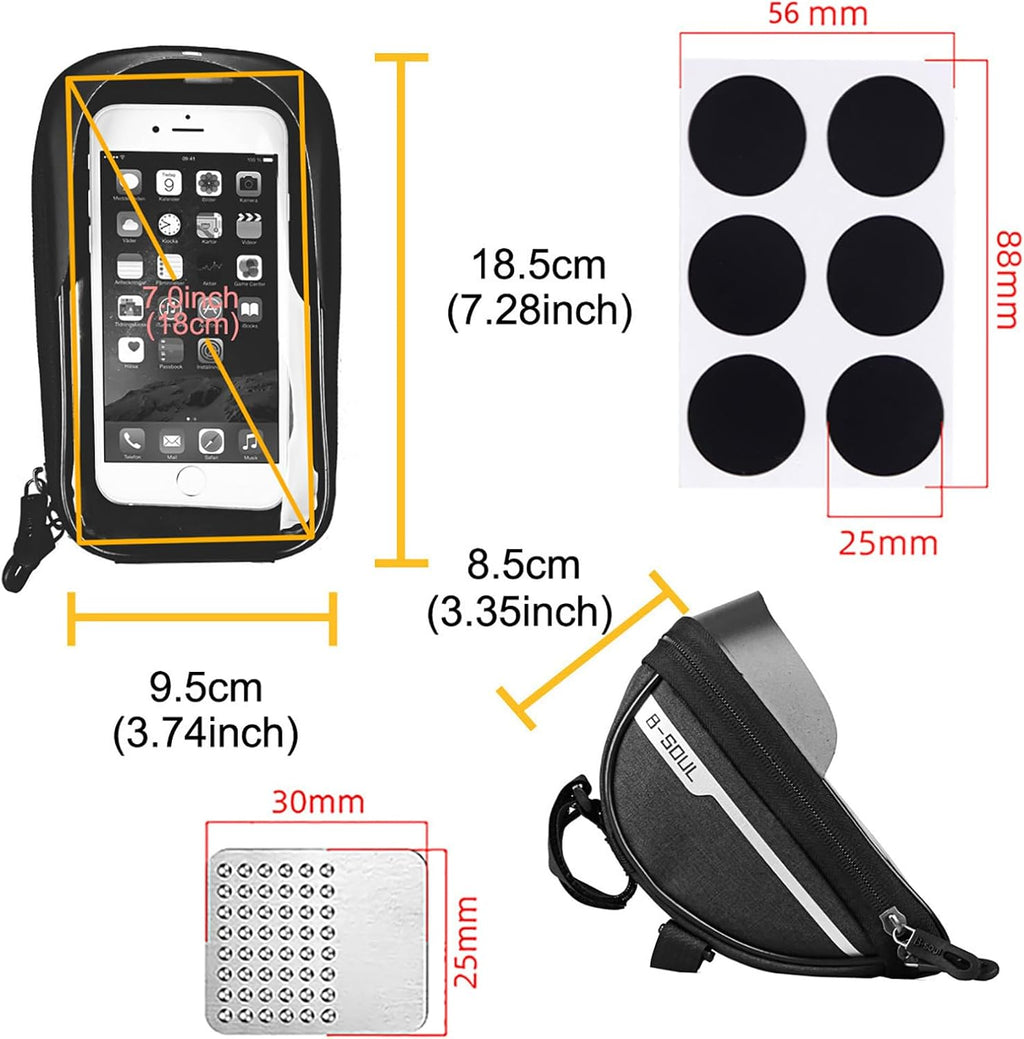 Bike Phone Front Frame Bag, Bicycle Phone Holder, Bike Handlebar Bag | Waterproof, Tube Case, Bicycle Accessories Compatible Cellphone under 7.2”, Cycling Pouch with 6Pcs Glue-Free Tire Patches