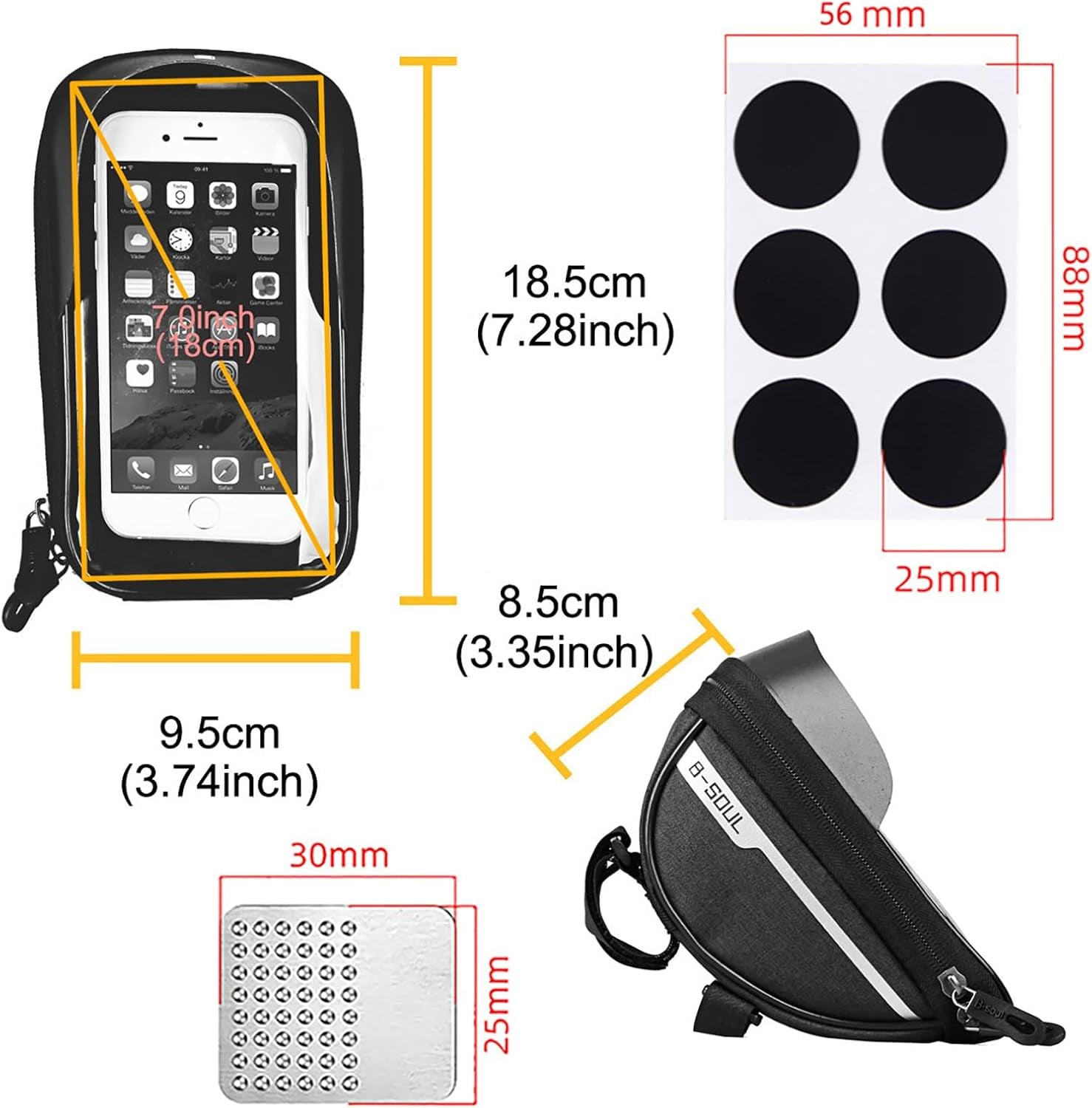 Bike Phone Front Frame Bag, Bicycle Phone Holder, Bike Handlebar Bag | Waterproof, Tube Case, Bicycle Accessories Compatible Cellphone under 7.2”, Cycling Pouch with 6Pcs Glue-Free Tire Patches