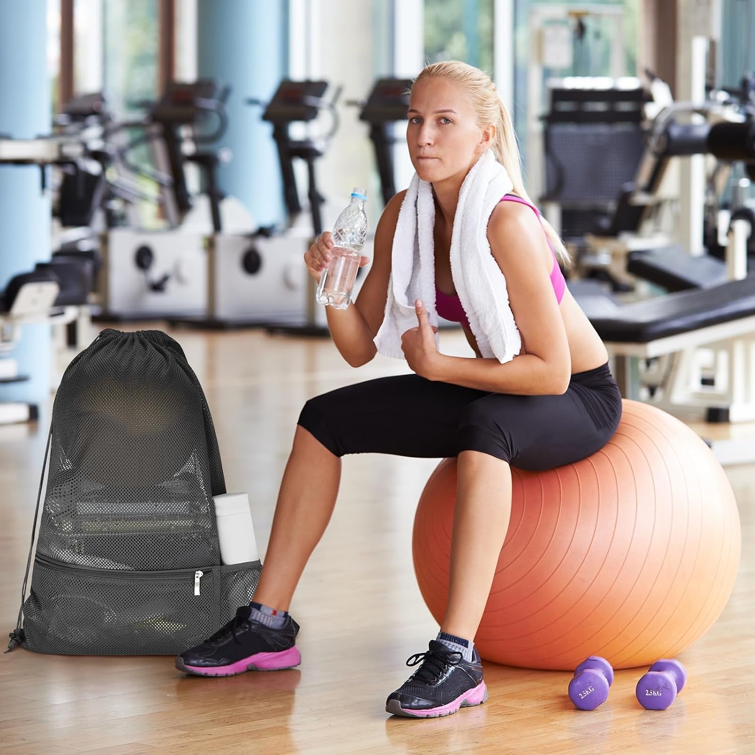 Large Mesh Swim Beach Bag, Mesh Drawstring Gym Bag for Athletic Gym Sports Gear Workout Storge Beach Swiming (Black)