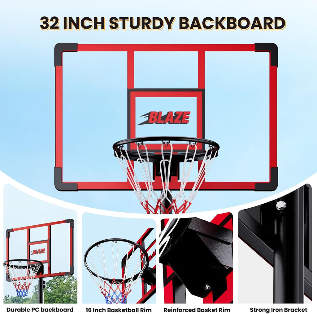 32 Inch Portable Basketball Hoop, Adjustable 4.1–8.5FT Height, Outdoor Basketball Goal with Weight Bag for Kids