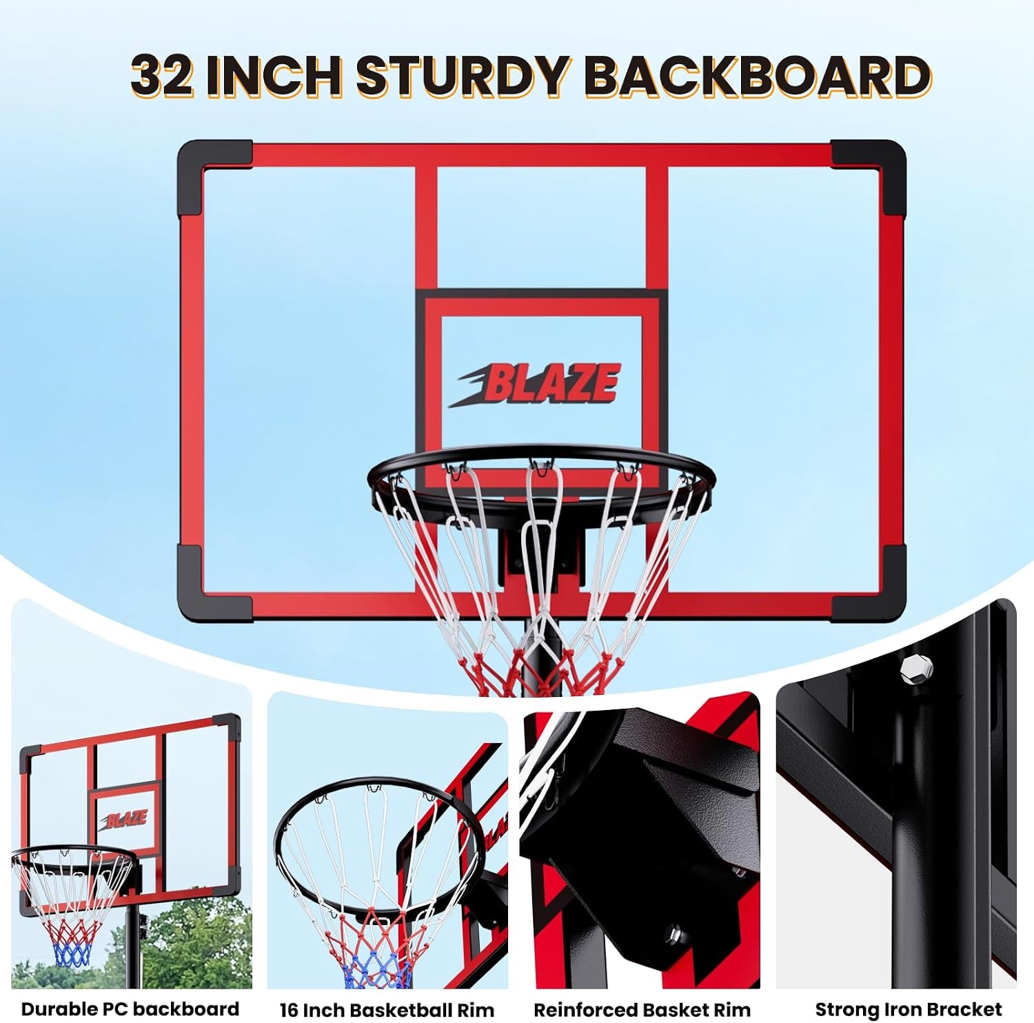 32 Inch Portable Basketball Hoop, Adjustable 4.1–8.5FT Height, Outdoor Basketball Goal with Weight Bag for Kids