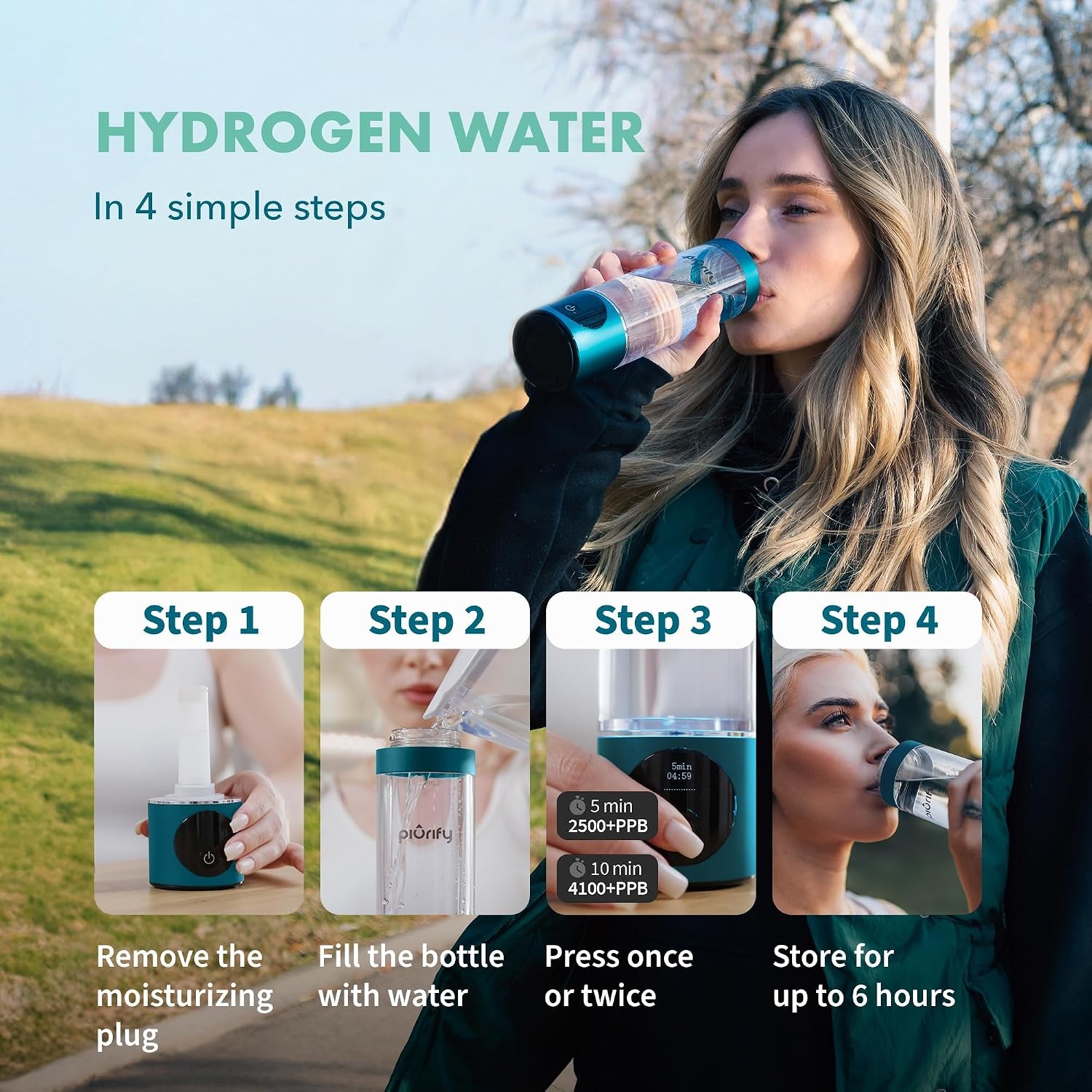 Hydrogen Water Bottle Generator | 6300+ PPB in 3 Cycles | 10 Oz | Extended Warranty | USA Certified | SPE/PEM Tech | Portable | Turquoise