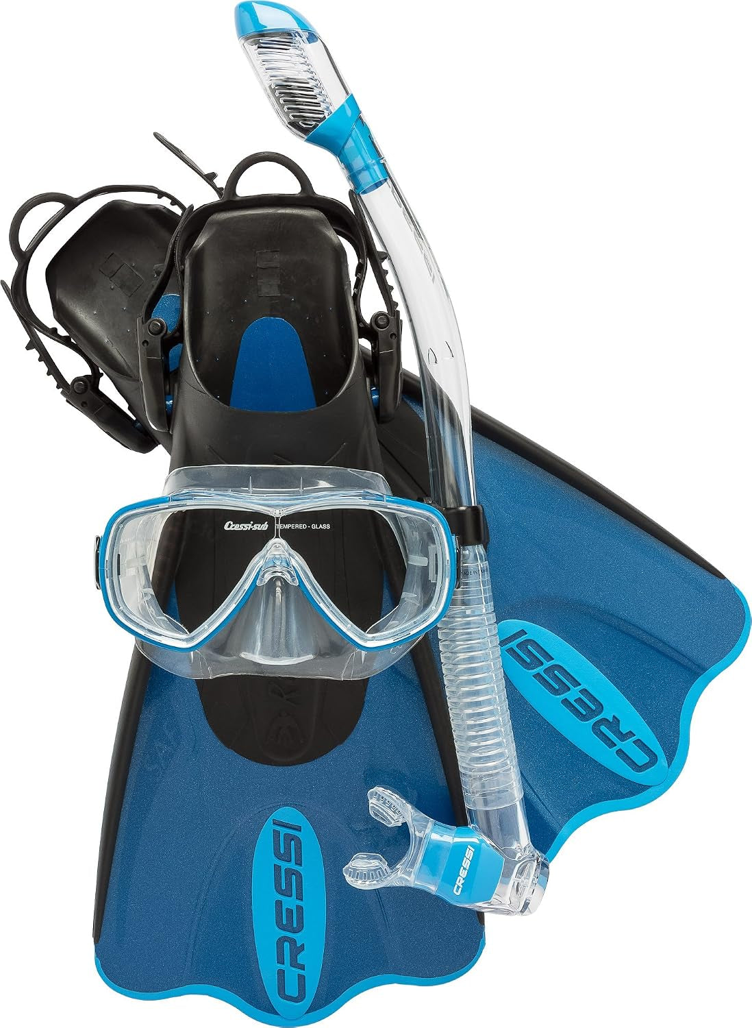 Cressi Palau SAF Set | Flexible Size Range Fit, Bare Feet or Neoprene Socks, Easy Kick Thrust, Gentle Silicone Skirt, Snorkel Mask, Adult Swim Fins