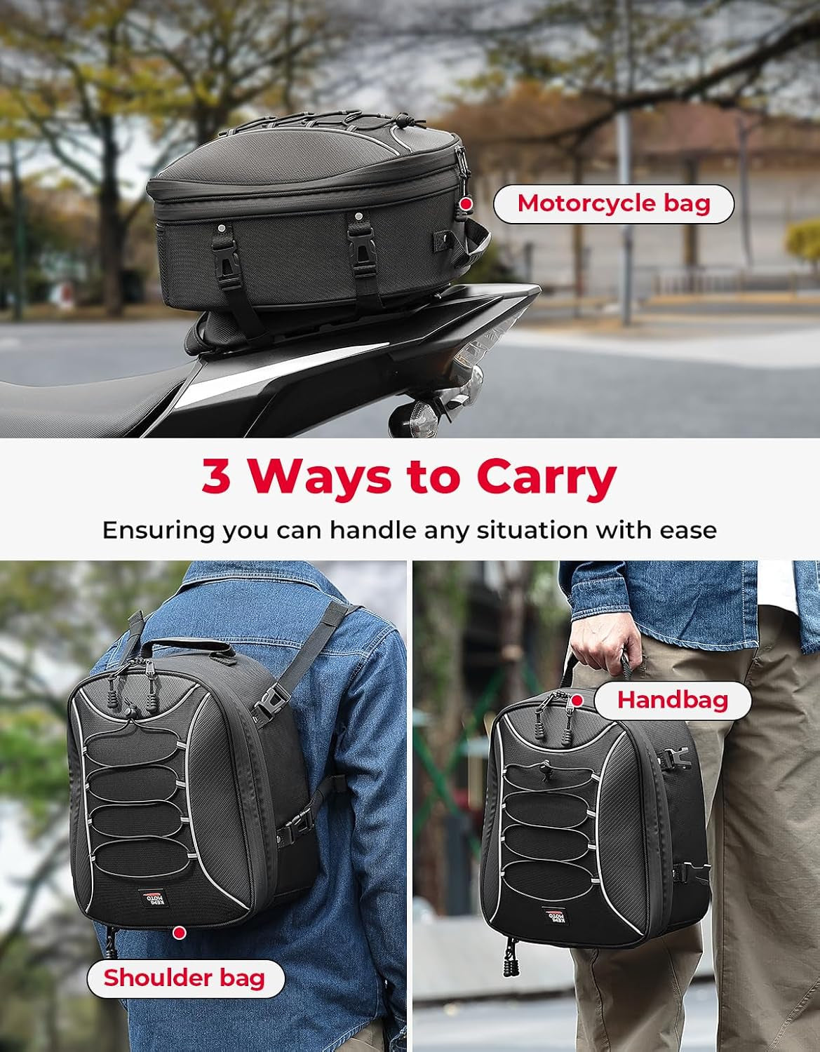 Motorcycle Tail Bag, Dual Use Motorcycle Rear Seat Bag with Waterproof Rain Cover, 22L-34L Expandable Motorbike Helmet Bag Luggage Storage Backpack with 6 Straps