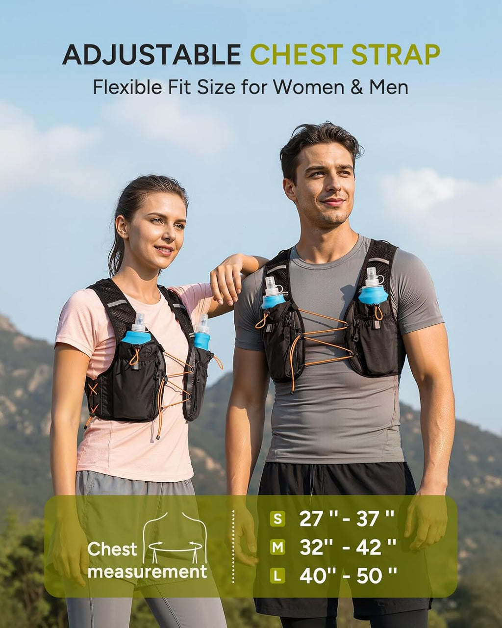 Running Vest for Women Men, 2PCS 500Ml Soft Flasks, Adjustable Chest Waist Fit, Multi-Pockets, Lightweight Breathable Reflective Hydration Backpack for Running, Trail, Cycling, Hiking