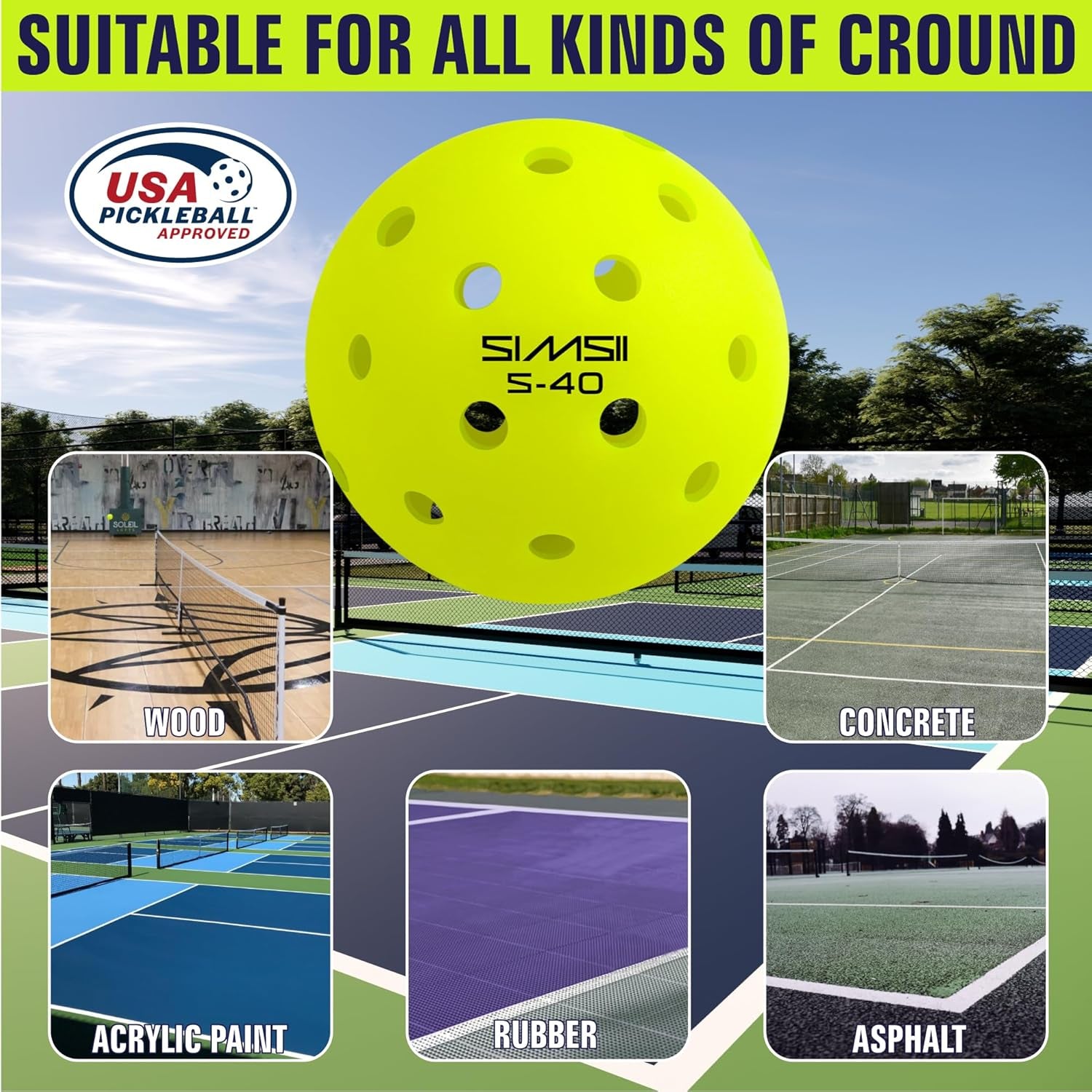 S-40 Outdoor Pickleball Balls - 40 Holes, Approved by the USAPA - Durable PE Material, Seamless Construction, Tournament Grade, 3/12/40/100 Pack - Pickleballs
