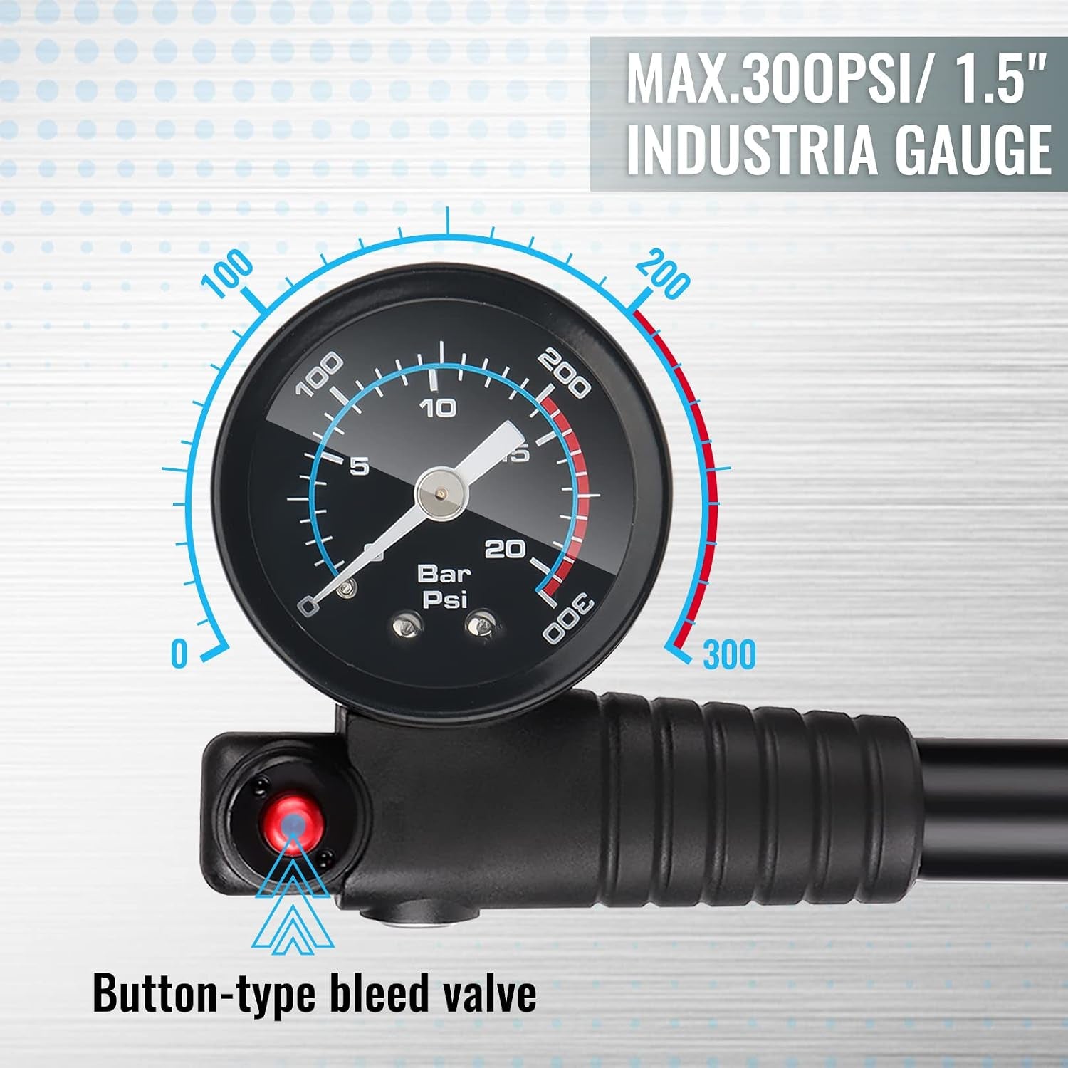 Shock Pump for Mountain Bike, High Pressure 300 Psi for Front Fork and Rear Bicycle Suspension Air Pump with Gauge Fits Schrader & Presta Tire Valve