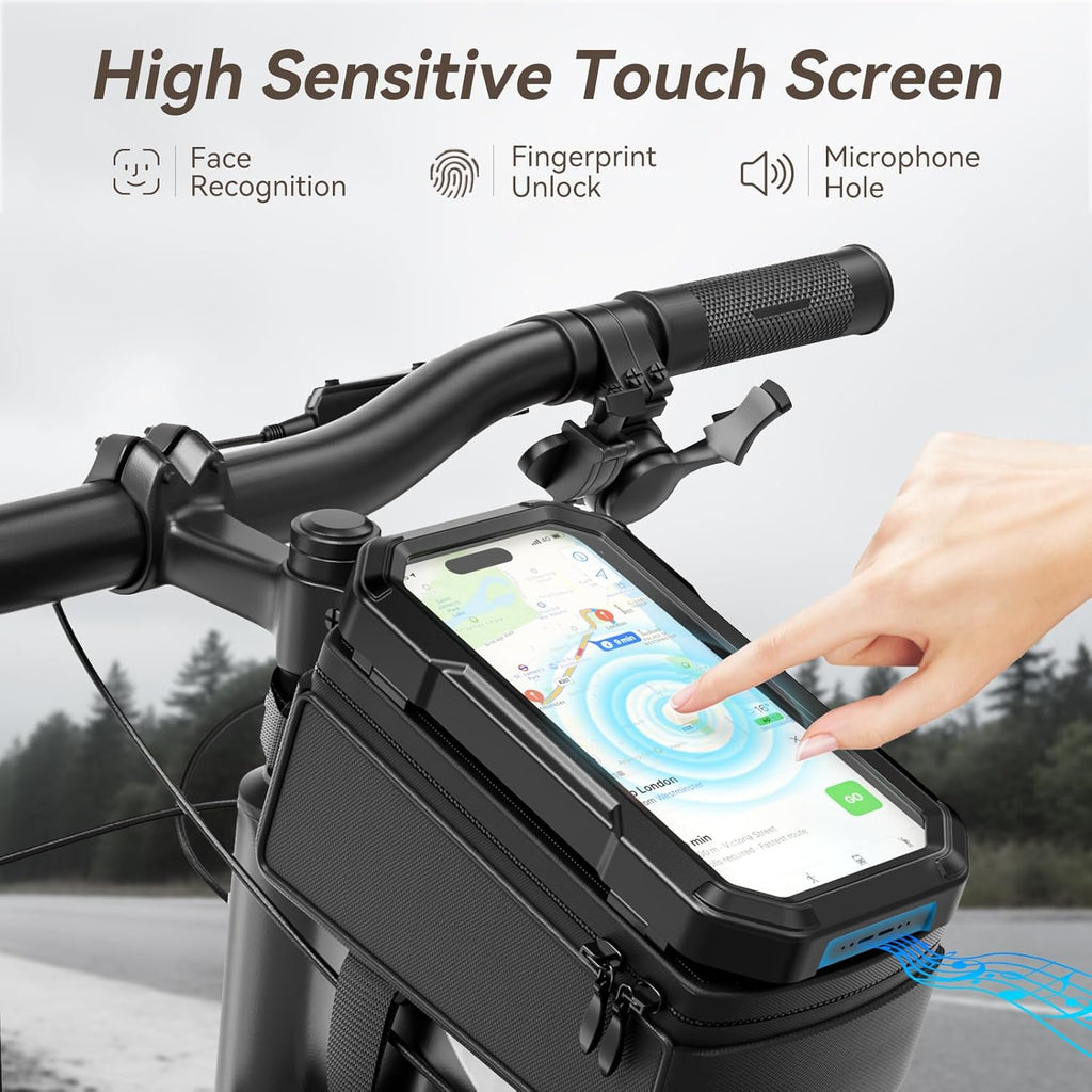 Bike Front Frame Bag with Waterproof Phone Holder, Mountain Cycling Storage Pouch, Handlebar Bag with Phone Mount, Bicycle Accessories for Top Tube, Fit for Iphone 17 Pro Max, Cellphone under 7''