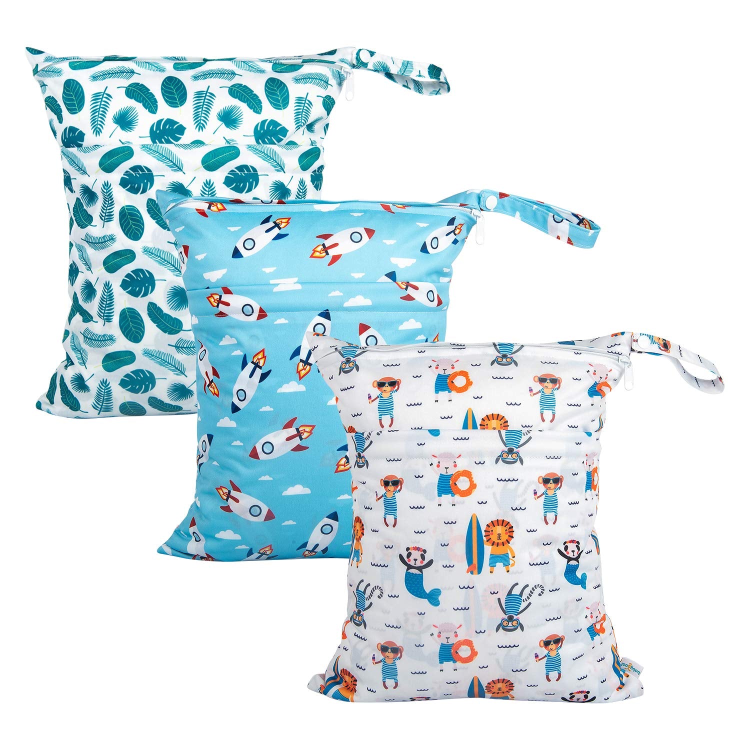 Wet Dry Bags for Baby Cloth Diapers, Washable Travel Bags, Beach, Pool, Gym Bag for Swimsuits & Wet Clothes with Two Zippered Pockets 3 Pack, 3LN12