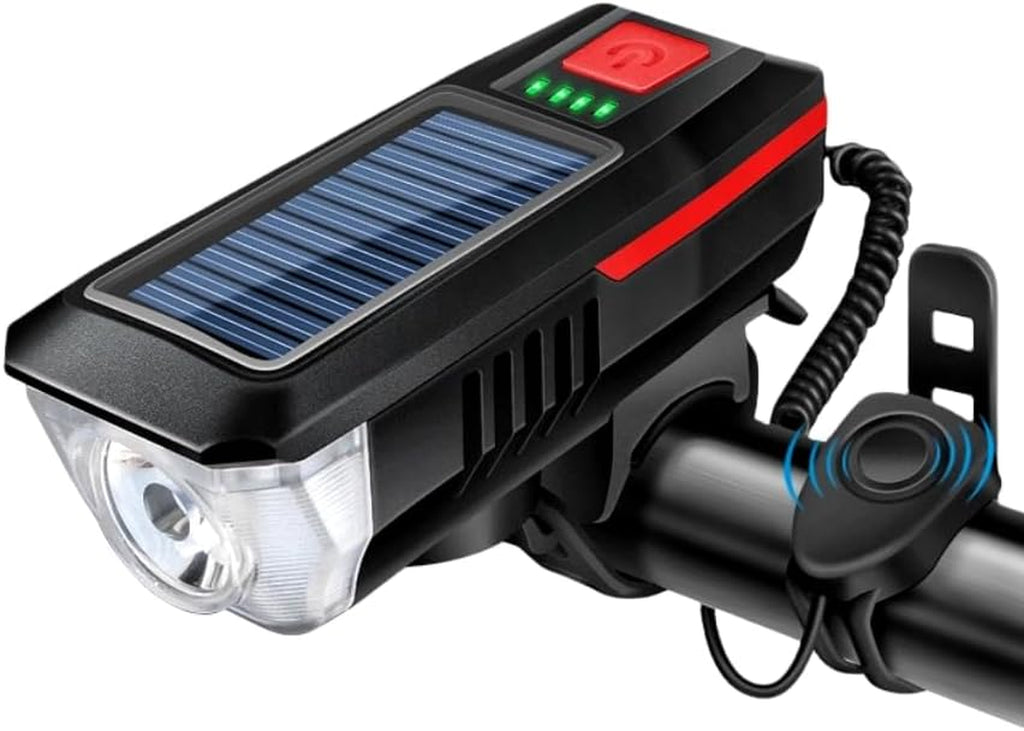 Multi-Functional Solar-Powered and USB Rechargeable Mountain Bike Night Cycling High Brightness Bike Front Light and 120Db Horn Bicycle Charging Light