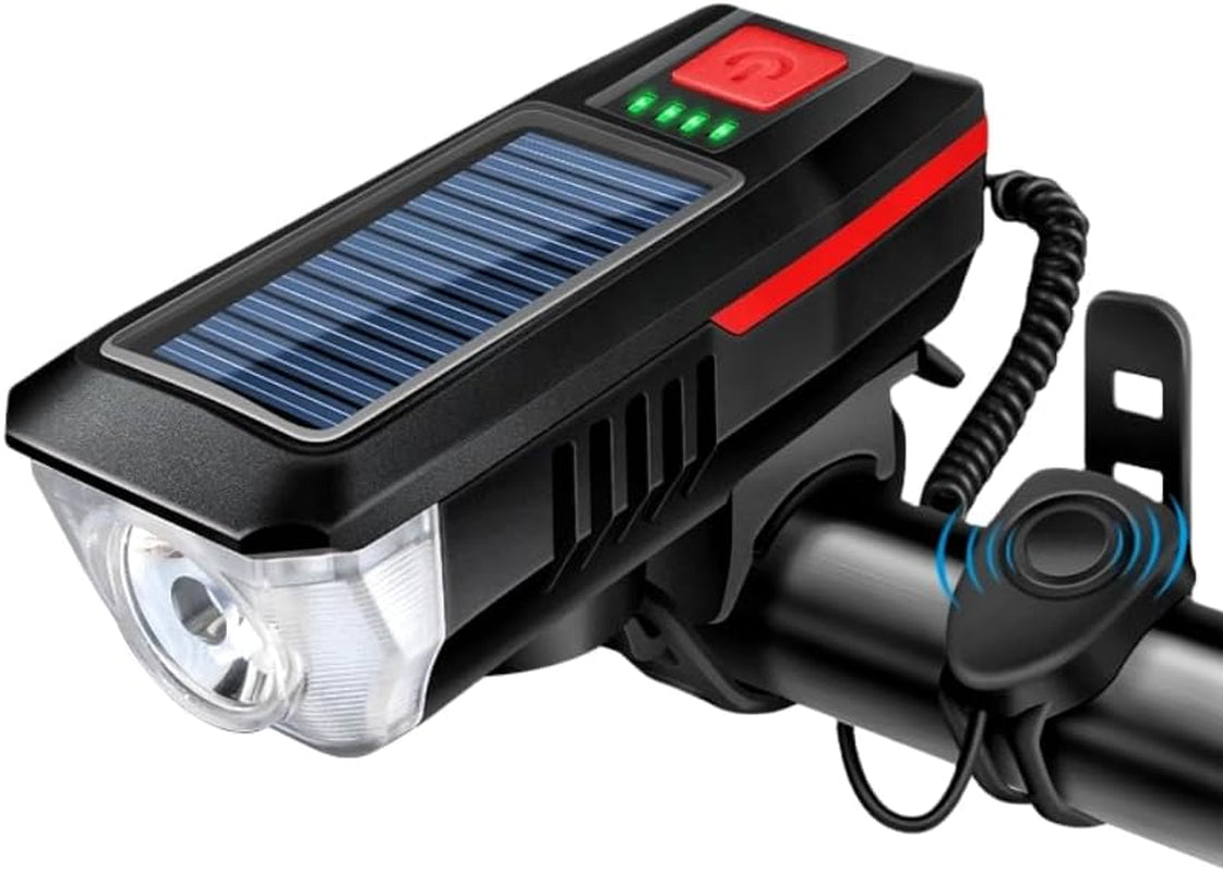 Multi-Functional Solar-Powered and USB Rechargeable Mountain Bike Night Cycling High Brightness Bike Front Light and 120Db Horn Bicycle Charging Light