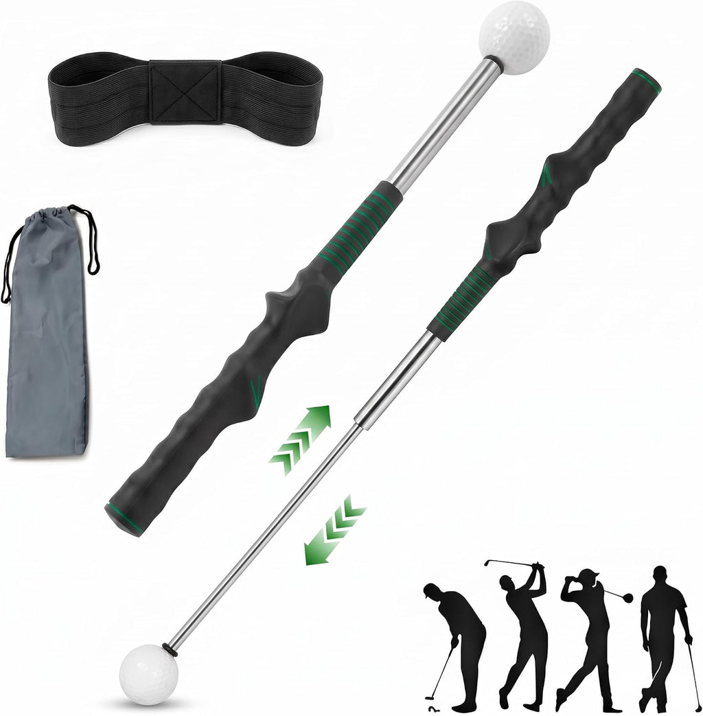 Retractable Golf Swing Trainer Aid with Grip Arm Band for Right -Handed Golfers, Grip Tempo Trainer, Click Feedback, Arm Correction Training Aid for Indoor Outdoor, Golf Practice Stick for Men