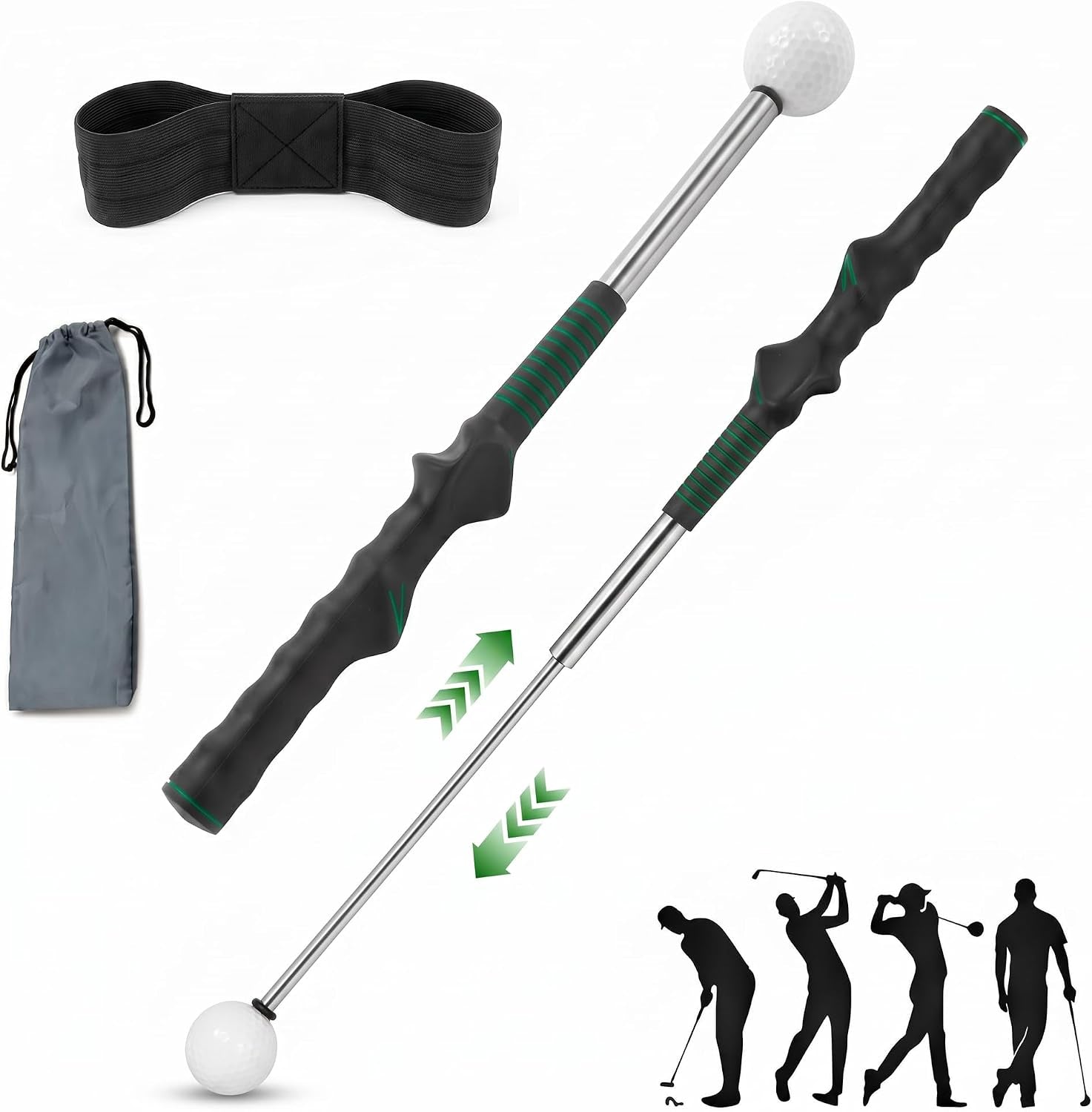 Retractable Golf Swing Trainer Aid with Grip Arm Band for Right -Handed Golfers, Grip Tempo Trainer, Click Feedback, Arm Correction Training Aid for Indoor Outdoor, Golf Practice Stick for Men
