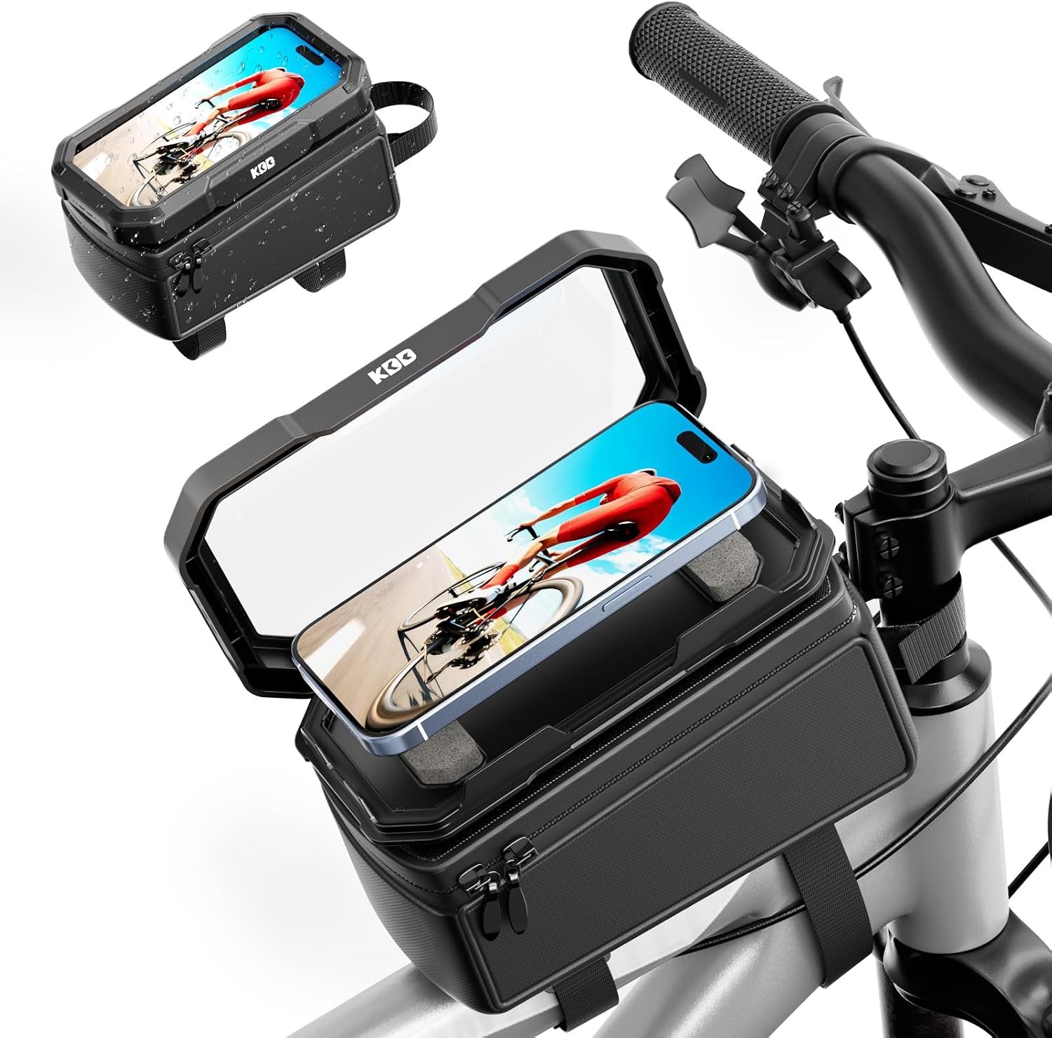 Bike Front Frame Bag with Waterproof Phone Holder, Mountain Cycling Storage Pouch, Handlebar Bag with Phone Mount, Bicycle Accessories for Top Tube, Fit for Iphone 17 Pro Max, Cellphone under 7''