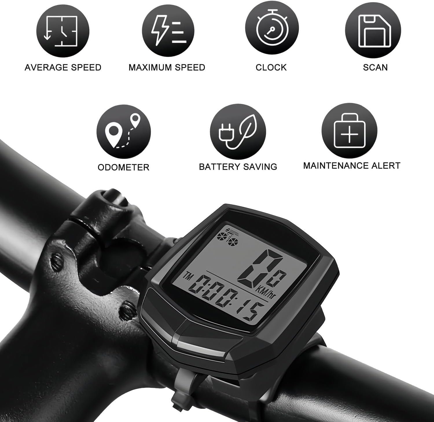 Bike Computer, Bike Speedometer and Bicycle Odometer Waterproof Cycling/Cycle Computer with LCD Display, Automatic Wake-Up, Multi-Functions for Road Bike MTB