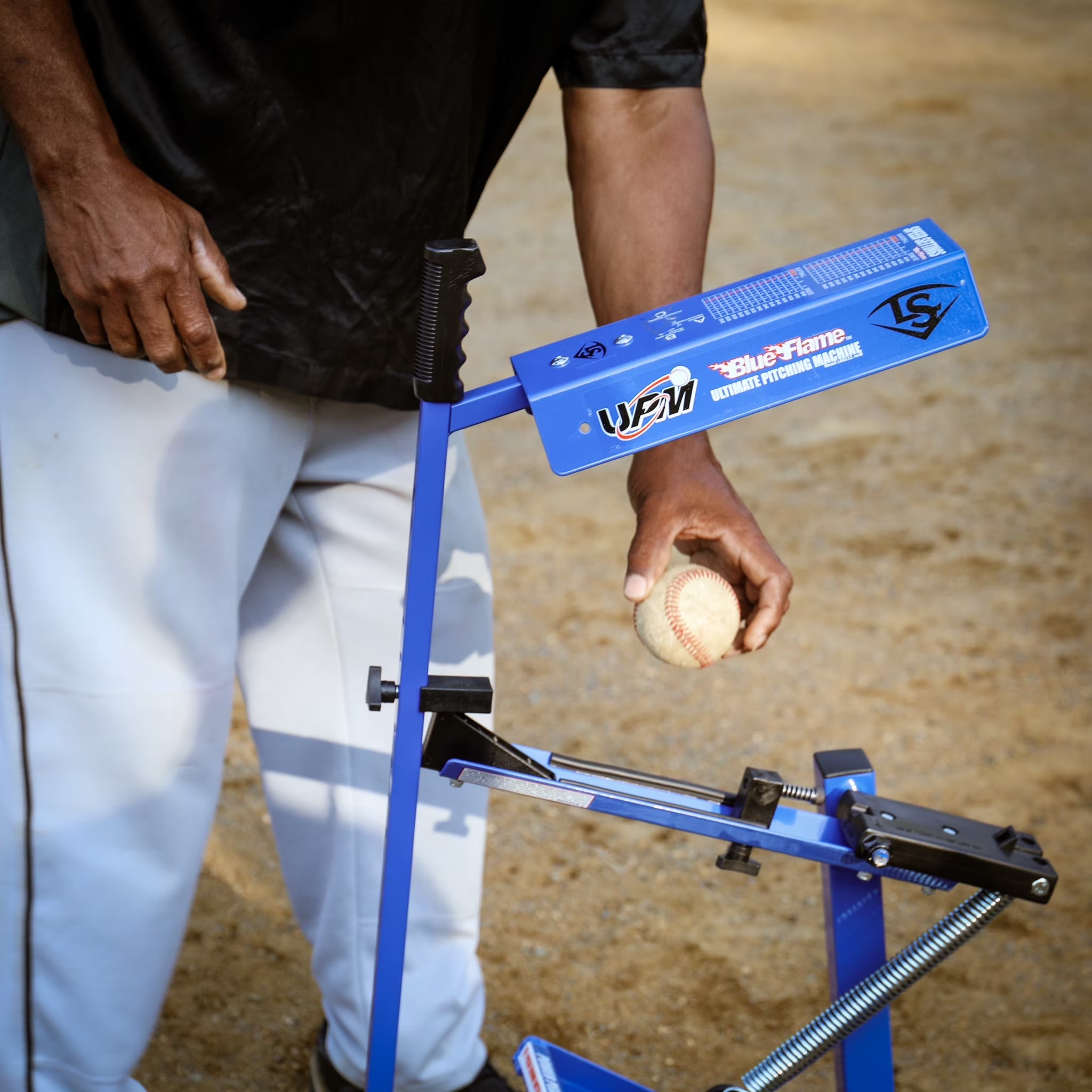 Blue Flame Pitching Machine – Manual Baseball &amp; Softball Trainer, Throws up to 60 MPH, Youth &amp; Adult Practice Tool