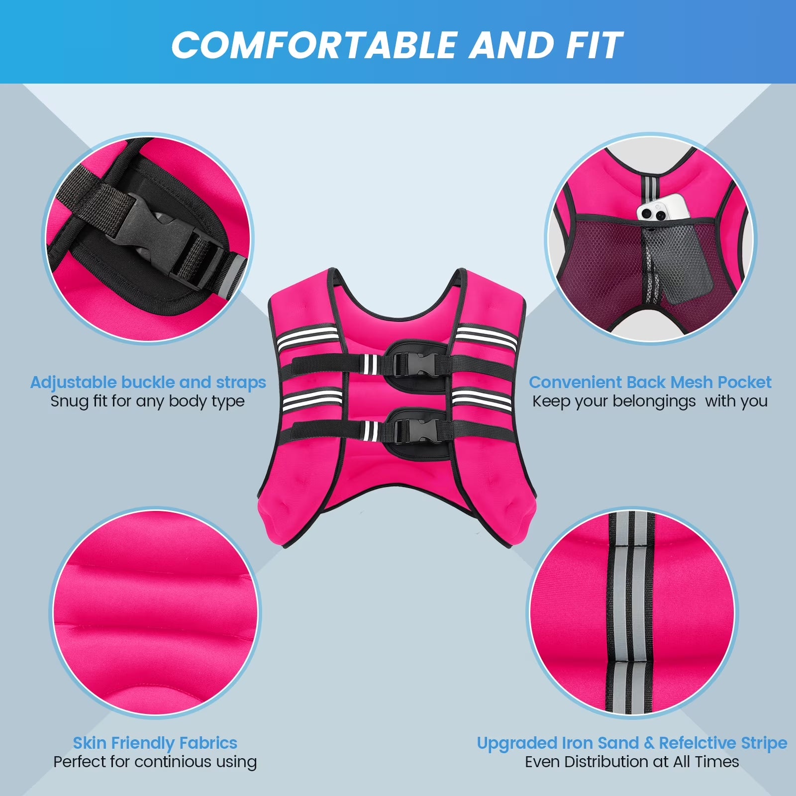 Weighted Vest Pink 20 Lb Weight Vest for Woman Men Sport Weighted Vest with Reflective Stripe Adjustable Buckle Straps Mesh Pocket for Strength Training Running