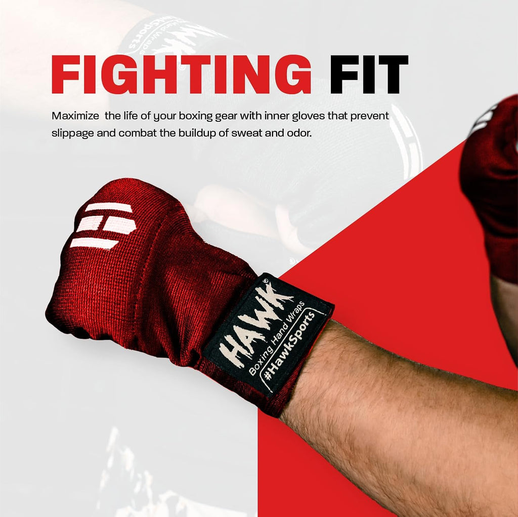 Hawk Padded Inner Gloves Training Gel Elastic Hand Wraps for Boxing Gloves Quick Wraps Men & Women Kickboxing Muay Thai MMA Bandages Fist Knuckle Wrist Wrap Protector Handwraps (Pair)