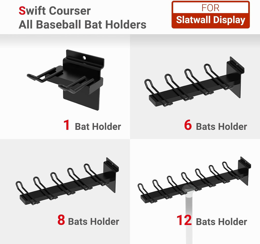 Baseball Bat Holder to Hold 6, 8, 12 Bats, Sports Softball Bat Slatwall Storage Vertical Display Rack, Slatwall Accessories (12 Bats Holder - 2 Pack, Black)