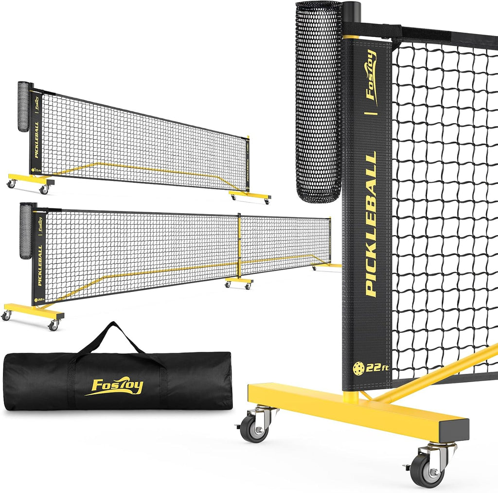 Pickleball Net with Ball Collector, Wheels, 22FT & 11FT Size | Portable 2-In-1 Pickle Ball Net with Carry Bag, Steady Metal Frame for Outdoor Indoor Backyards, Driveway