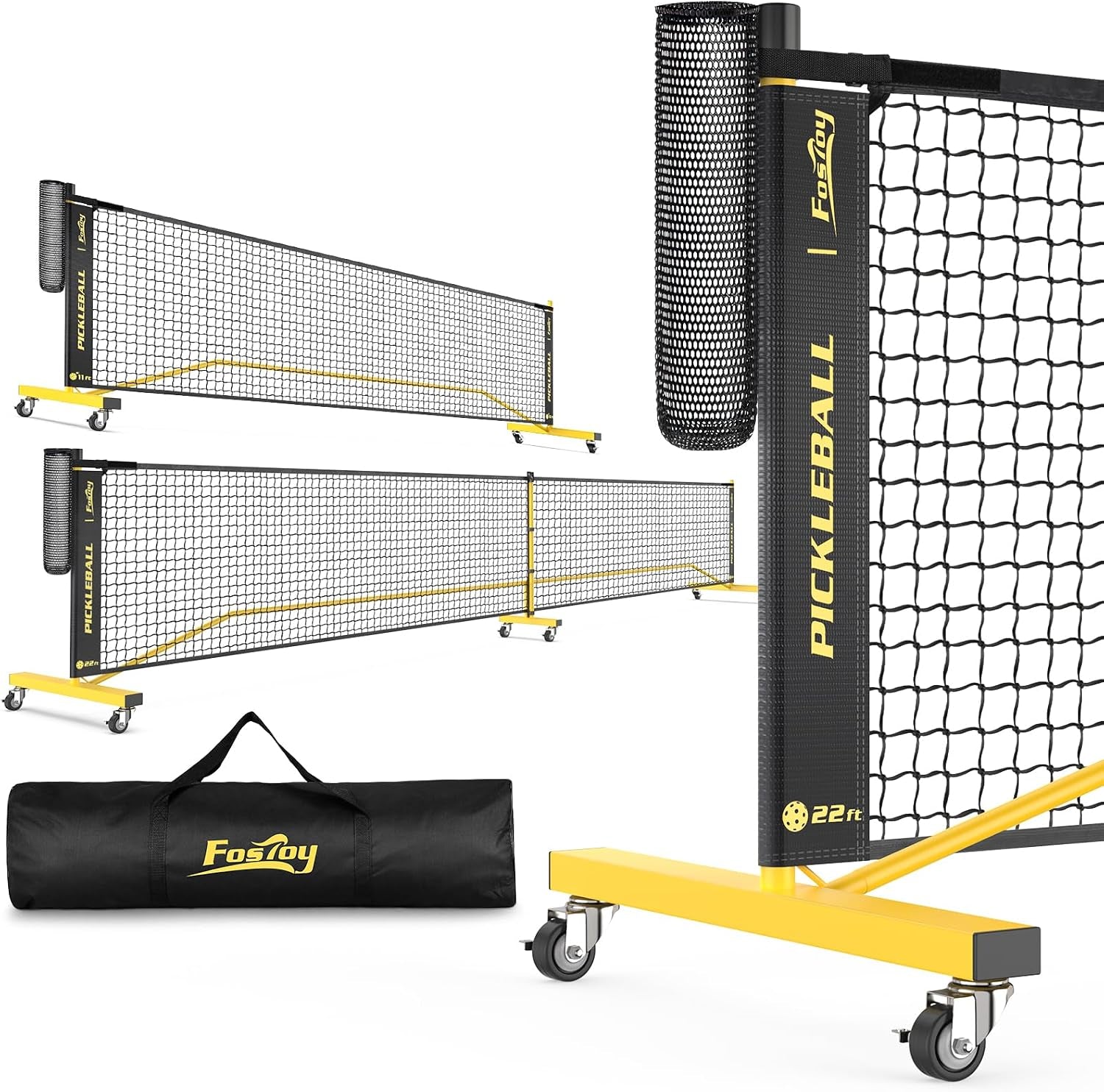Pickleball Net with Ball Collector, Wheels, 22FT & 11FT Size | Portable 2-In-1 Pickle Ball Net with Carry Bag, Steady Metal Frame for Outdoor Indoor Backyards, Driveway