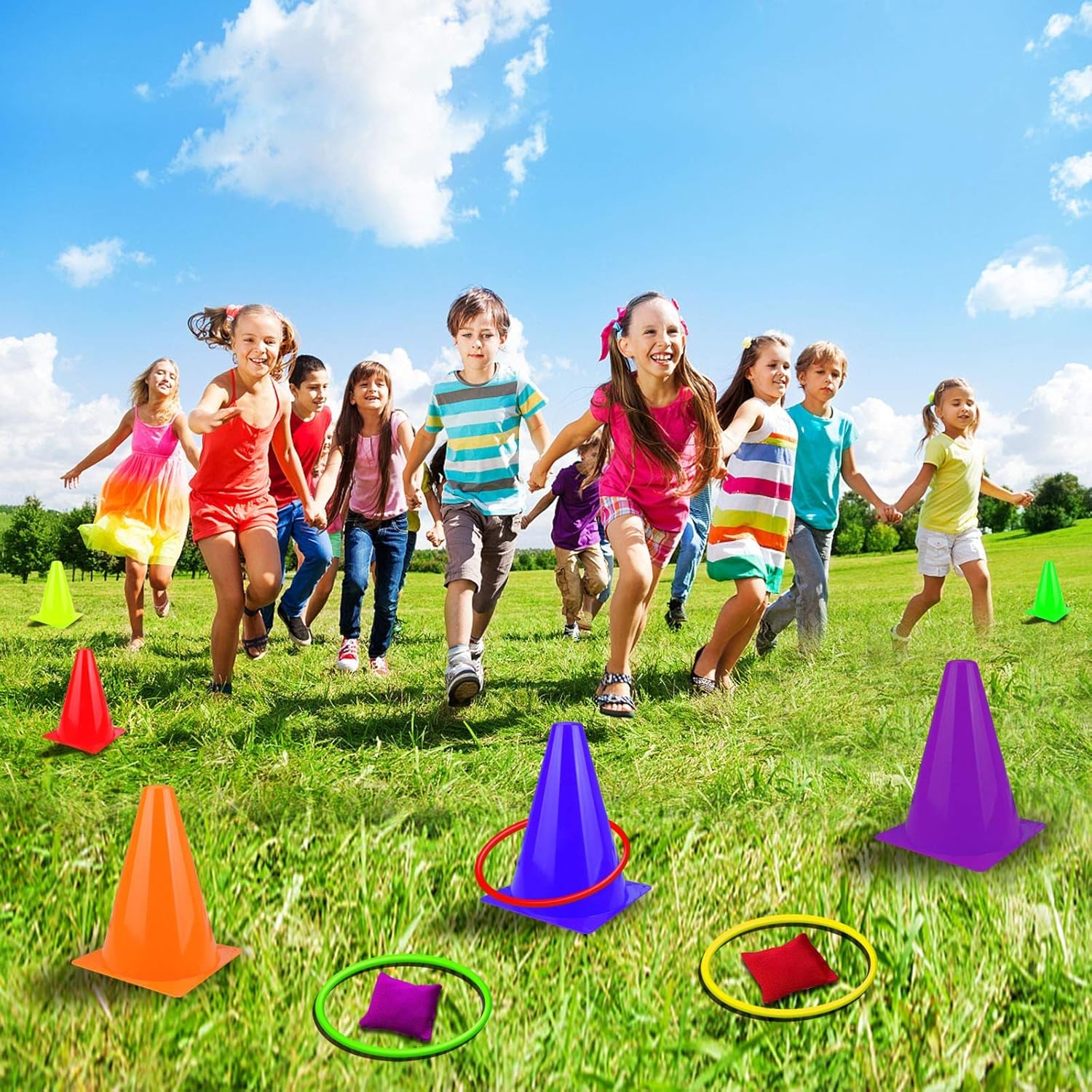 31PCS 3 in 1 Carnival Outdoor Games Combo Set for Kids, Soft Plastic Cones Bean Bags Ring Toss Game, Gift for Birthday Party/Xmas