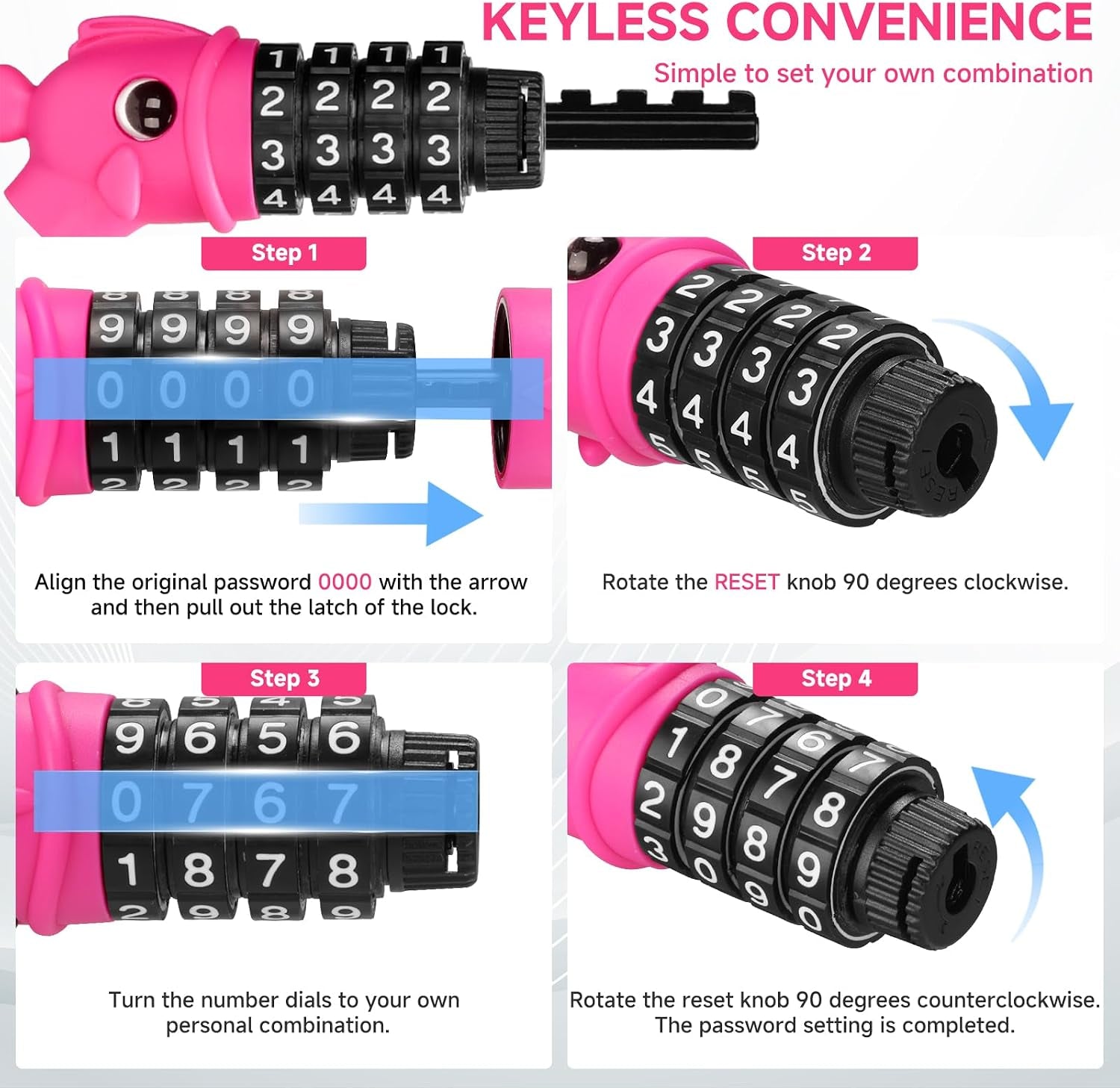 Bike Lock, 3.9 Feet 4-Digit Resettable Combination Password Anti-Theft Cable Lock, Cute Coiled Bike Lock with Mounting Bracket, Suitable for Bicycles, Electric Scooters, Ebikes (Pink-10Mm)