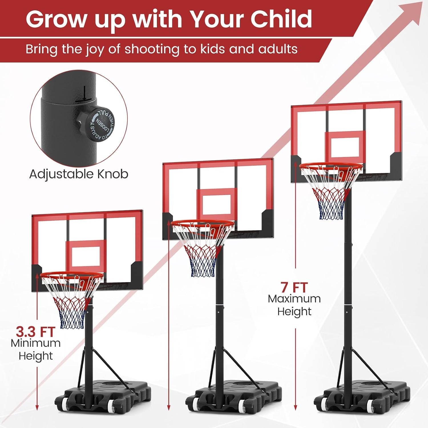 Basketball Hoop Outdoor, Portable 3.3-7 FT Height Adjustable Goal System with Wheels Shatterproof Backboard, Fillable Base for Kids Youth Teens Adults Driveway Backyard Pool Indoor