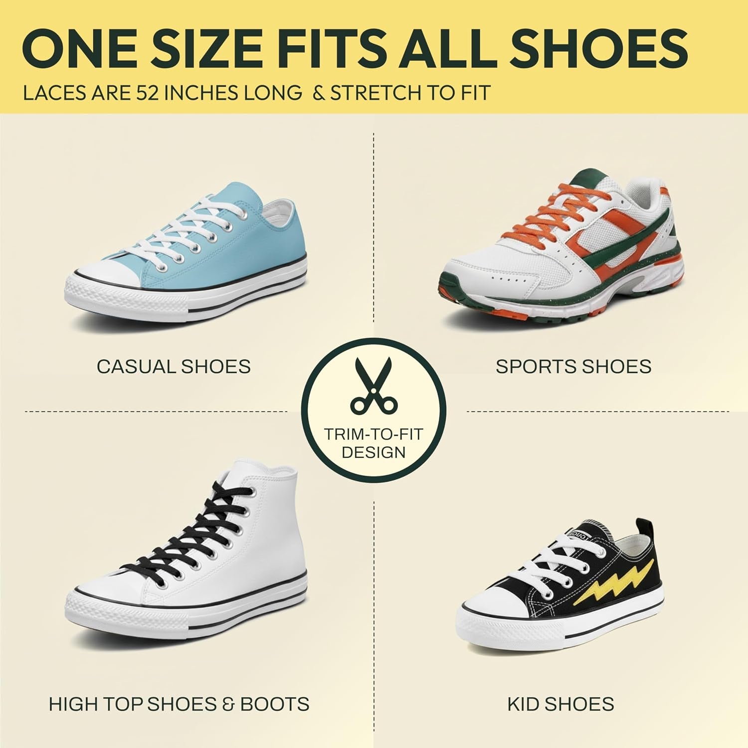 No Tie Elastic Shoe Laces for Sneakers - Shoelaces for Adults & Kids | 1 Size Fits All. Shoe Strings for Athletic & Training Shoes. Patented Lace Anchors Lock in Place. 52-Inch Stretch Laces.