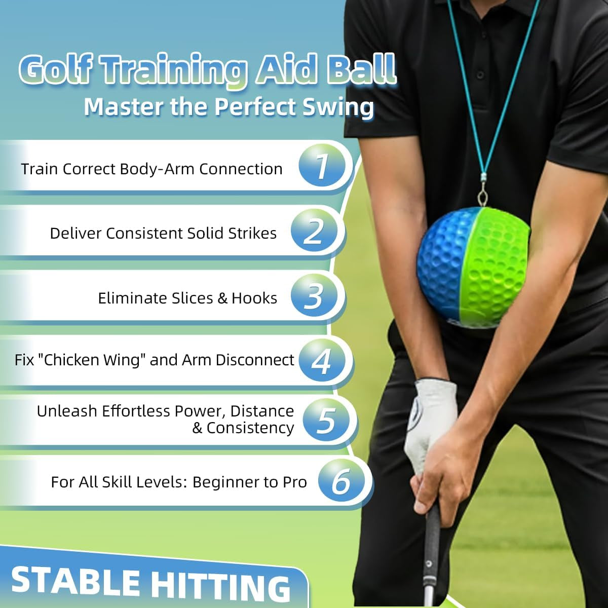 Golf Swing Trainer Ball for Forearm Connection, Swing Aid Putting Practice | Soft PU Foam, Ergonomic Concave Design, Fixes Chicken Wing & Scooping, Trains Weight Shift, 3 Sizes with Adjustable Lanyard