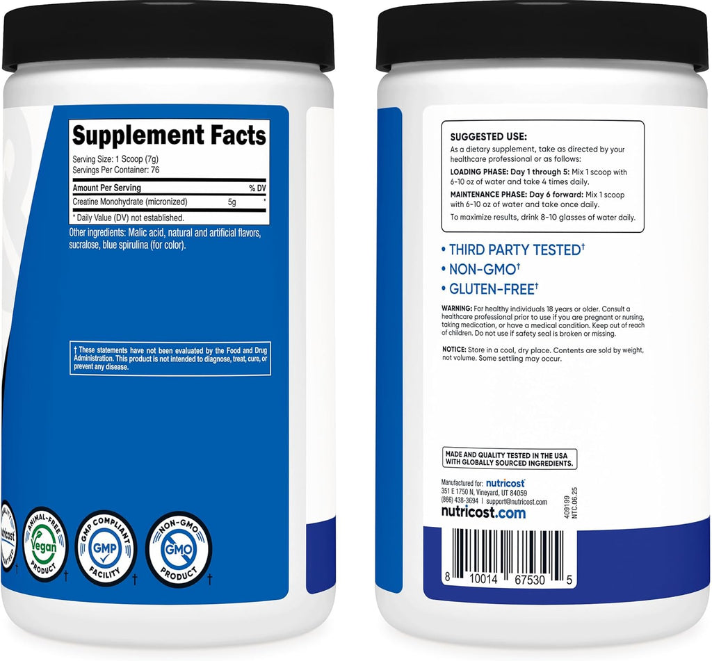 Creatine Monohydrate Powder (Blue Raspberry), 500 Grams (1.1 LBS)