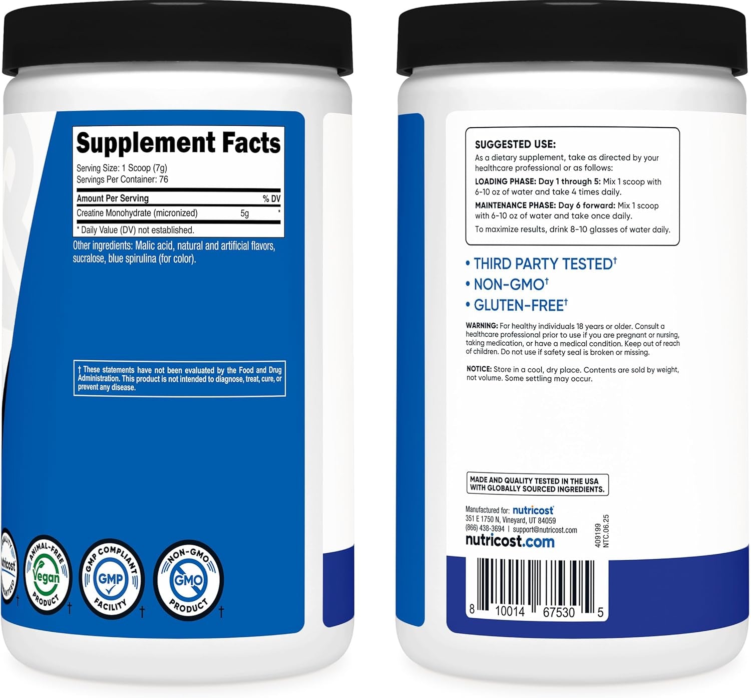 Creatine Monohydrate Powder (Blue Raspberry), 500 Grams (1.1 LBS)