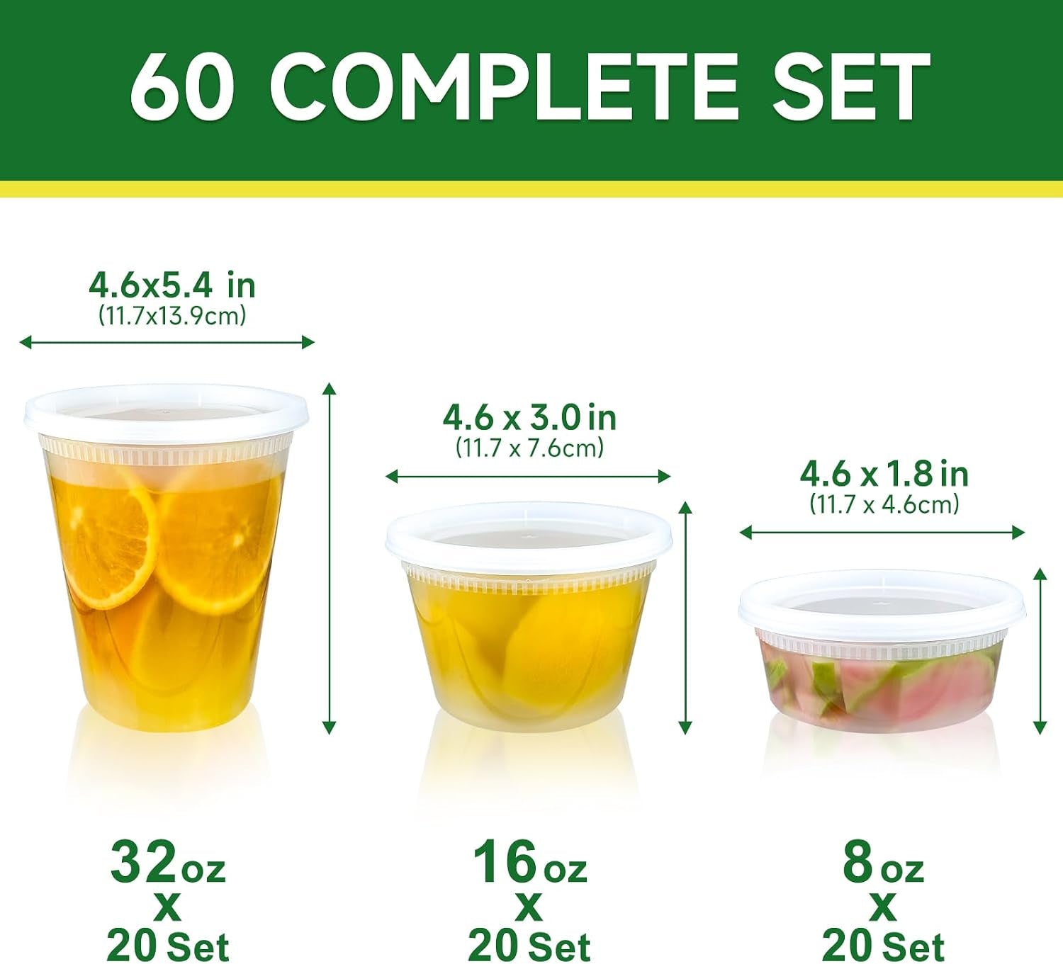 60 Set Deli Containers with Lids, 32/16/8 Oz X 20 Set Each | Leak-Proof BPA Free Plastic Take Out Bowls, Food Storage Containers for Takeout, Freezer, Microwave & Dishwasher Safe
