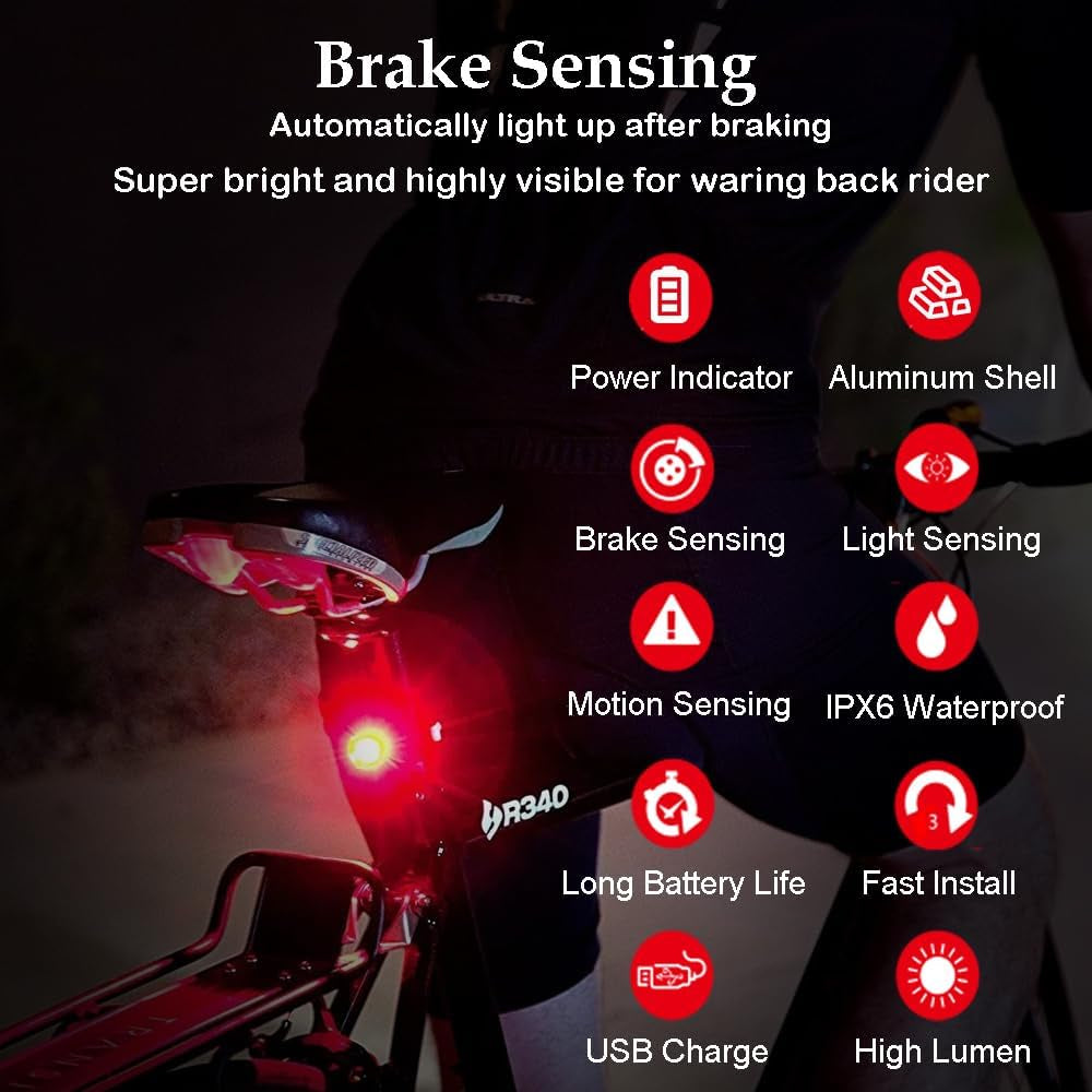 Smart Brake Sensing Rear Bike Lights, Auto Light Sensing Bike Tail Light, IPX6 Waterproof, Ultra Bright LED Taillights, Rechargeable Safety Road Back Bicycle Lights for Night Riding