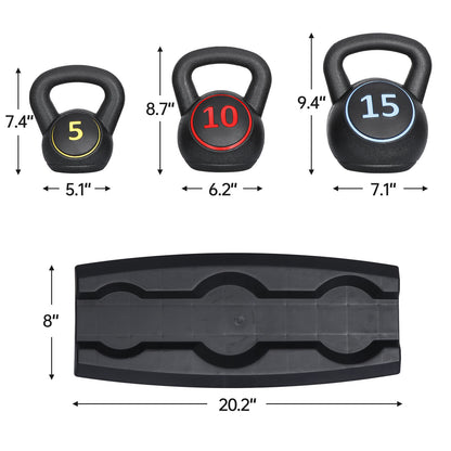 3-Piece Kettlebell Set with Storage Rack Exercise Fitness Weights Indoor Gym