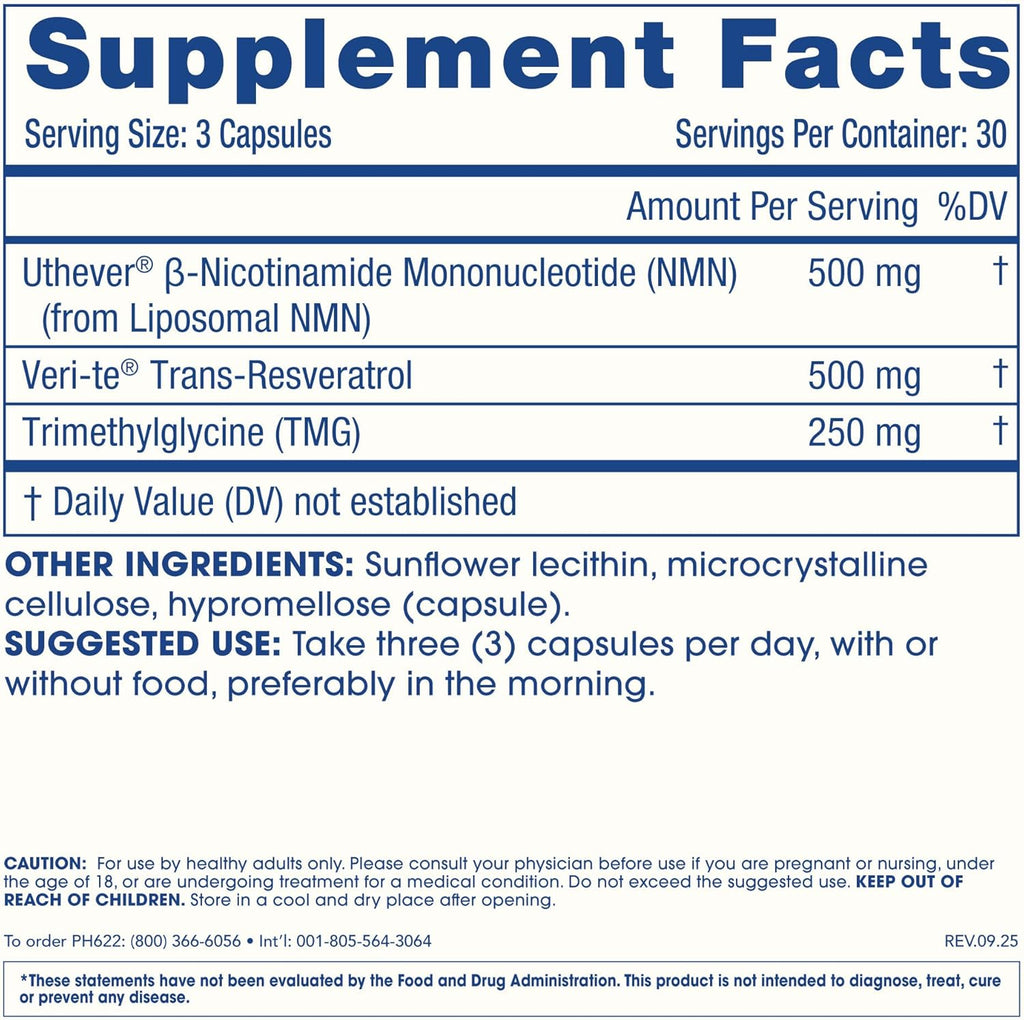 Liposomal NMN Pro Complete (90 Capsules) - Liposomal Uthever NMN, Trans-Resveratrol, TMG