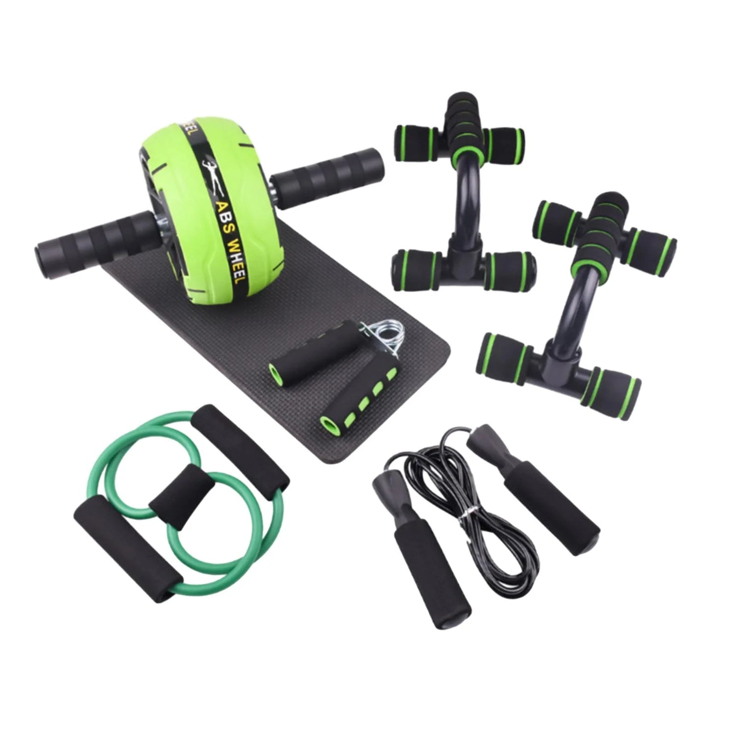 Abs Roller Wheel Indoor Fitness Equipment Set Home Gym Workout Chest Expander Green