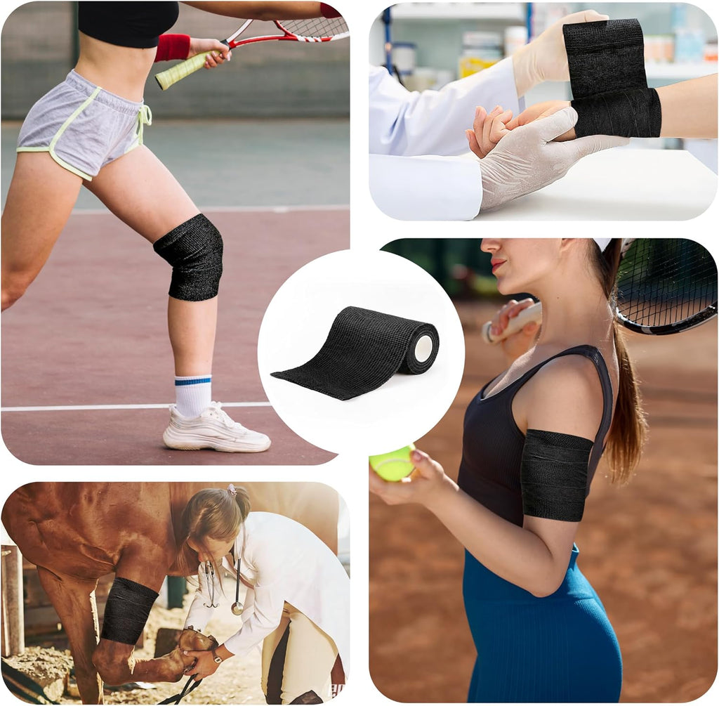 4" X 5Yd Self Adhesive Bandage Wrap Non-Woven Elastic Sports Tape | 8-Pack Medical Vet Wrap Cohesive Bandage Wrap Breathable, Waterproof, for Wrist Ankle Tattoo Grip, Black